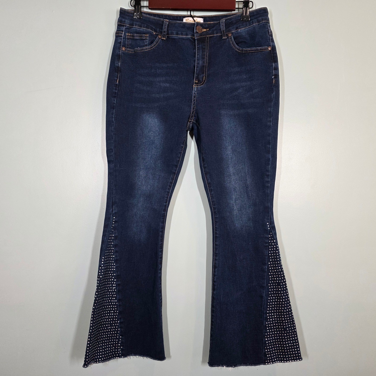 Bamboo Original Denim Womens Rhinestone Flare Jeans Dark Wash Raw Hem Size 11 Bamboo Original Denim Womens Rhinestone Flare Jeans Dark Wash Raw Hem Size 11