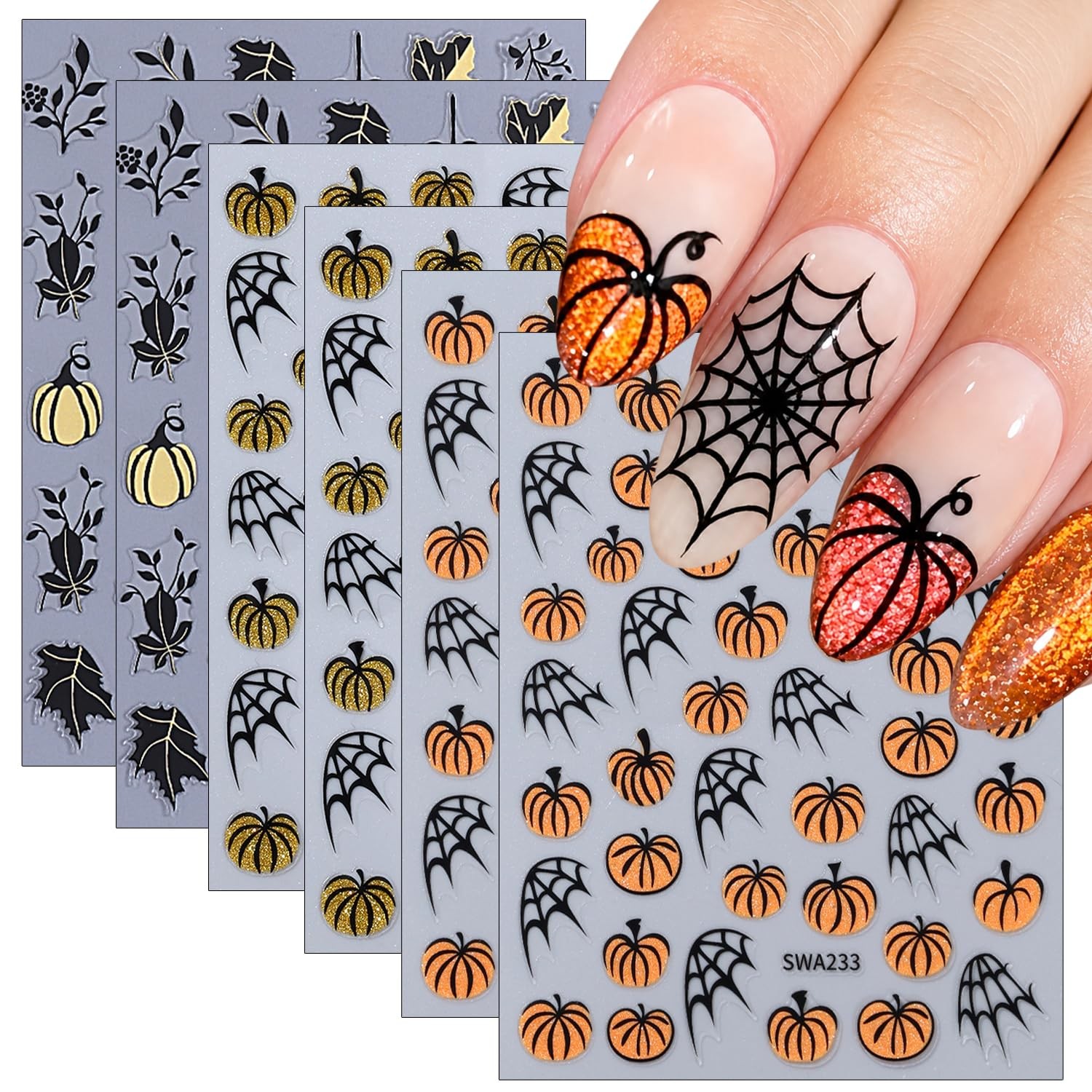 6pcs Halloween Nail Art Stickers Decals Pumpkin Nail Decals Spider Web, Black‑Go