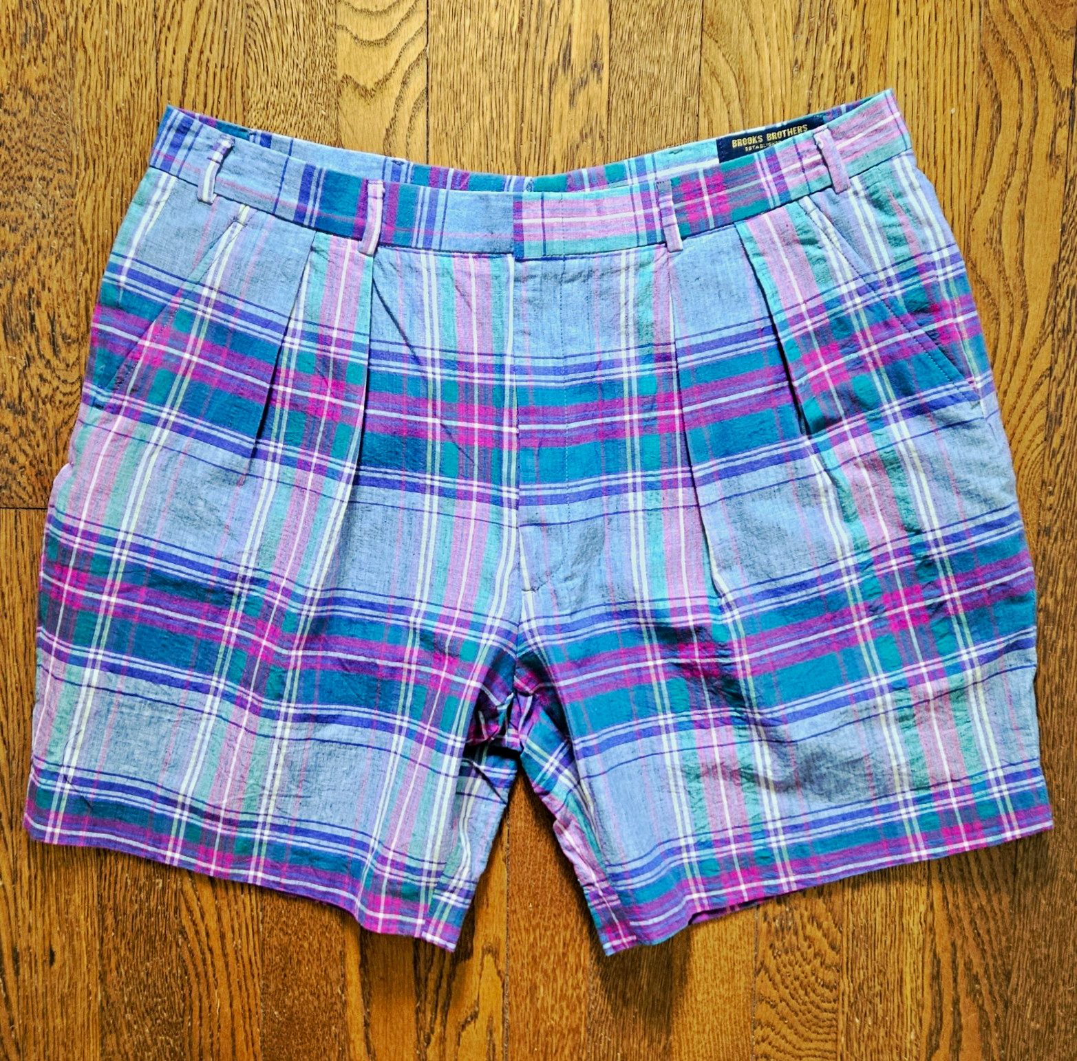 Vintage Brooks Brothers Makers Pleated Plaid Madras Shorts Purple Green Men\'s 38 Vintage Brooks Brothers Makers Pleated Plaid Madras Shorts Purple Green Men\'s 38