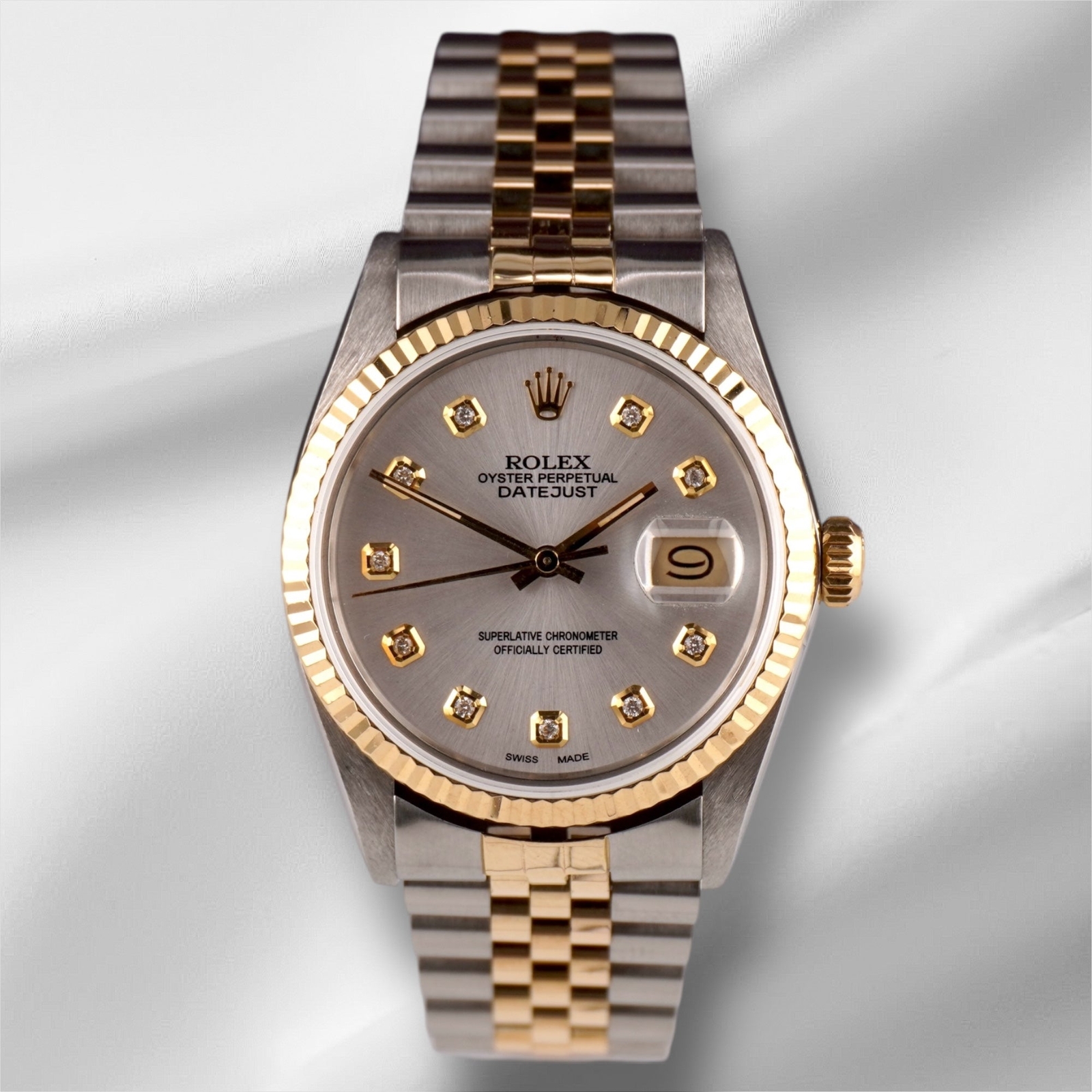 Rolex Datejust 36mm Yellow Gold Fluted Silver Diamond Dial Jubilee Watch