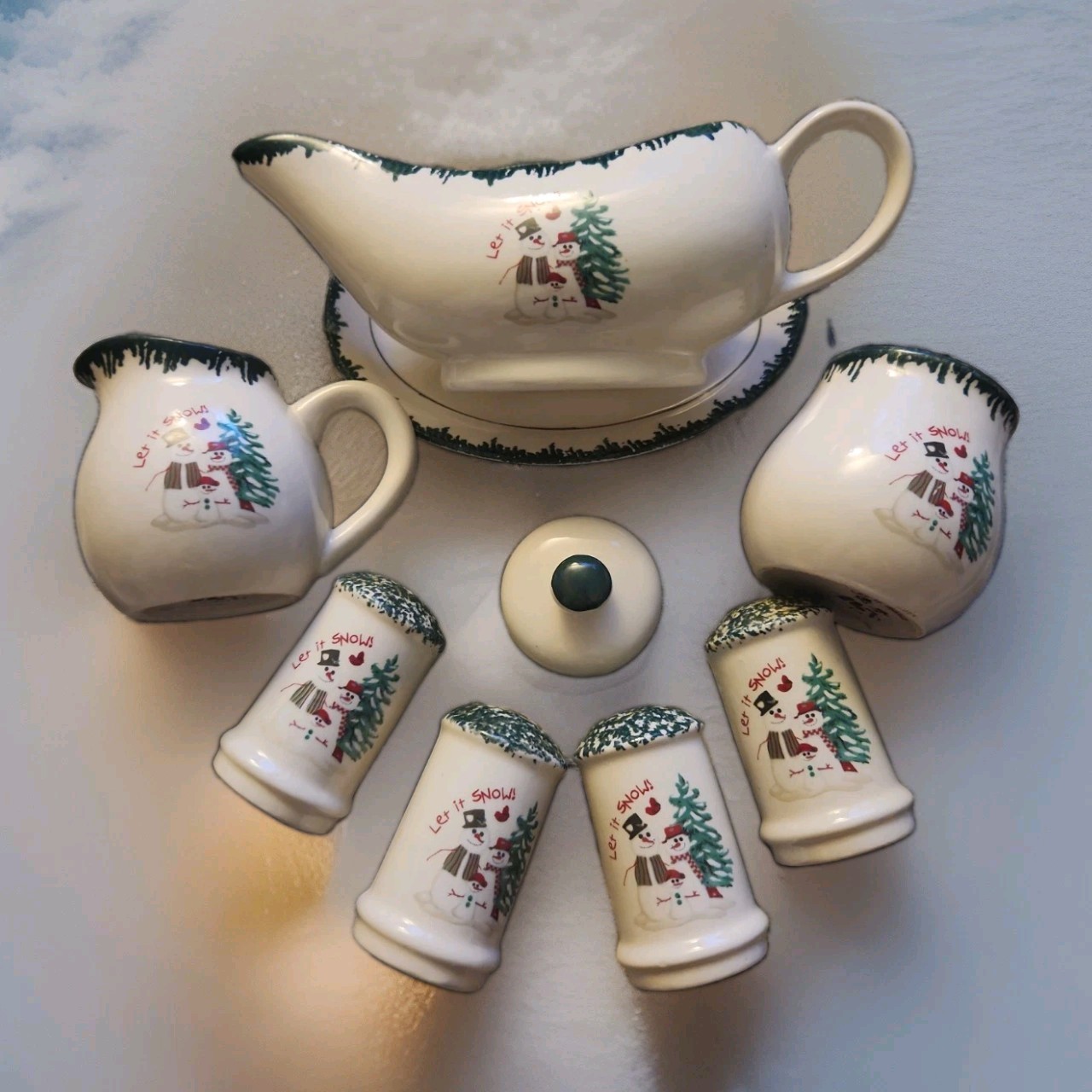 VTG Atico Let It Snow Christmas Snowman Serving Set Gravy Boat Sugar Creamer S&P