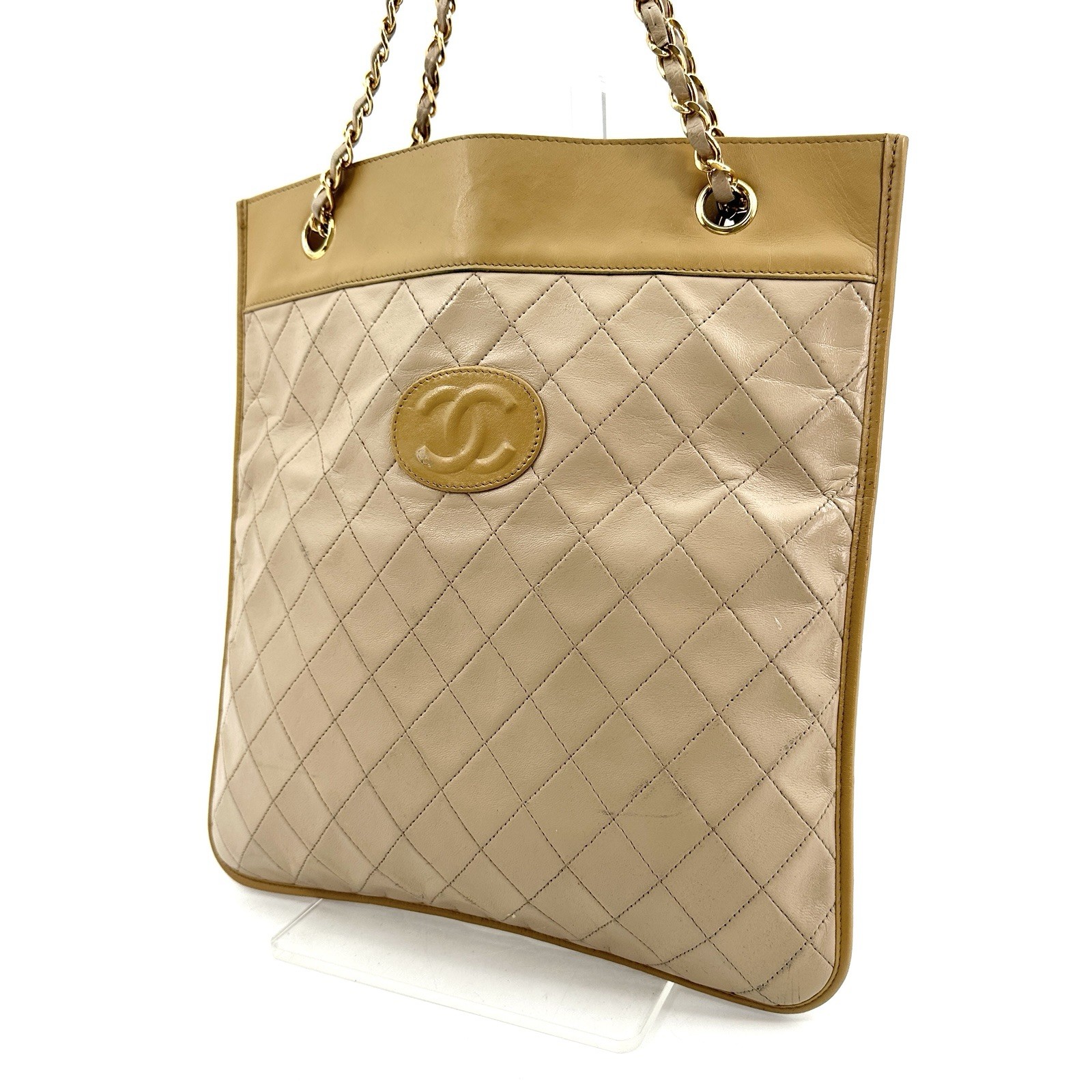 Auth CHANEL Vintage Classic Double Flap Beige Lambskin Quilted Bag