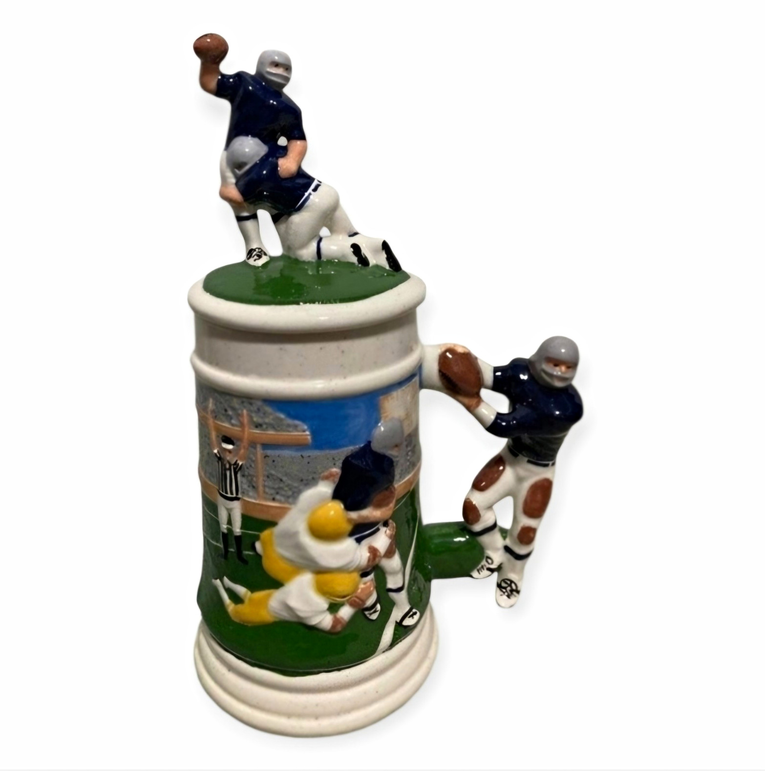 Vintage 1989 Ceramic Football Beer Stein Lid Hand Painted Novelty Mug 3D Signed
