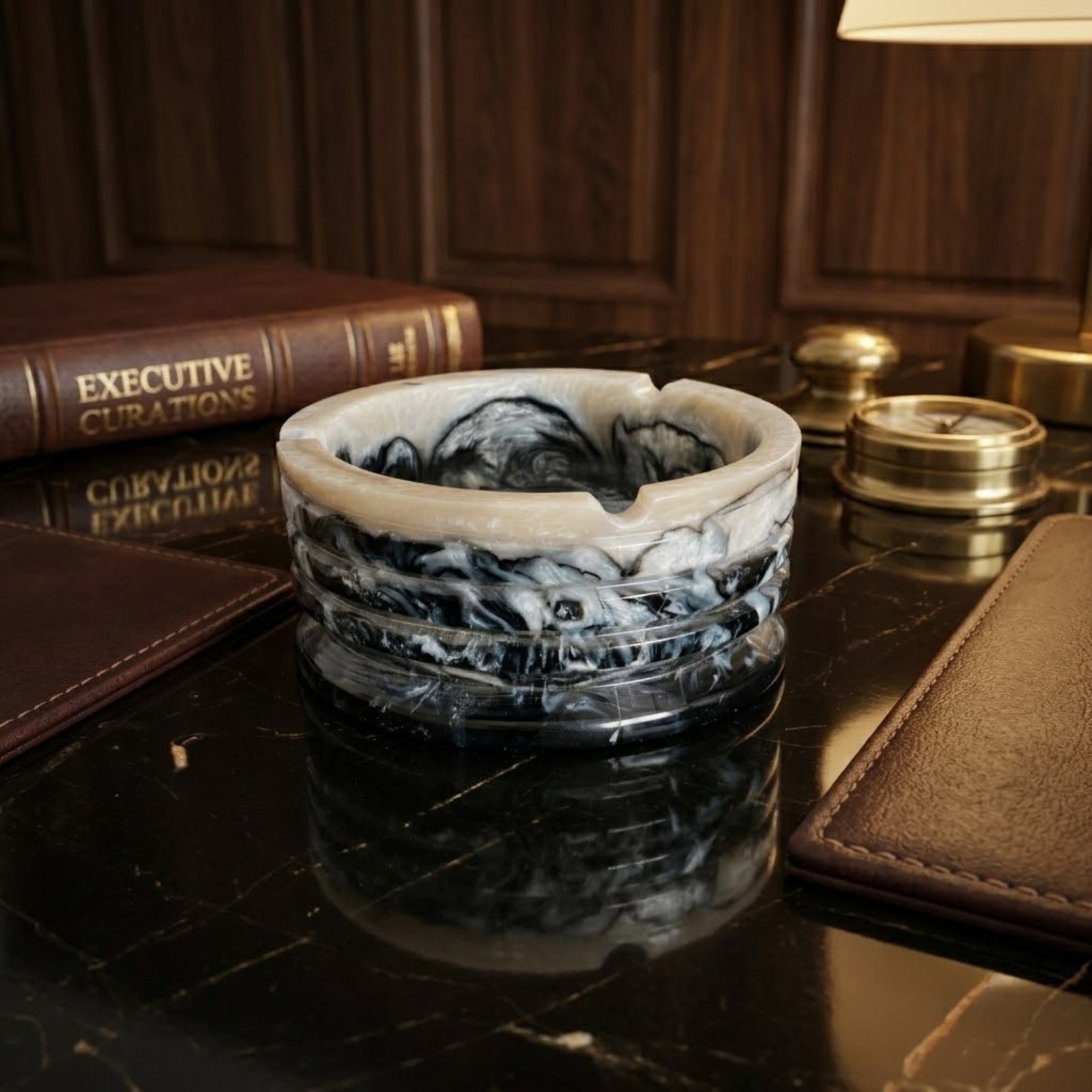 Handmade Marbled Acrylic Cigar Ashtray Round Decorative Resin Smoking Bowl Black