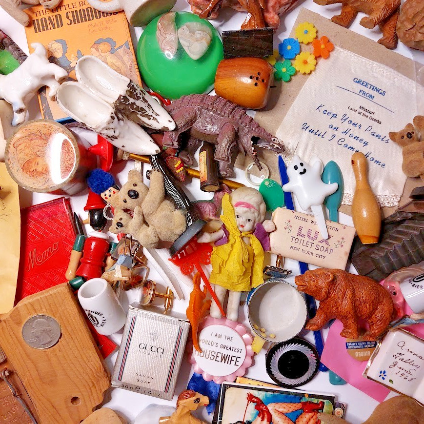 Antique & Vintage Miniature Lot in VTG Tin Curiosity Cabinet Trinkets Ephemera
