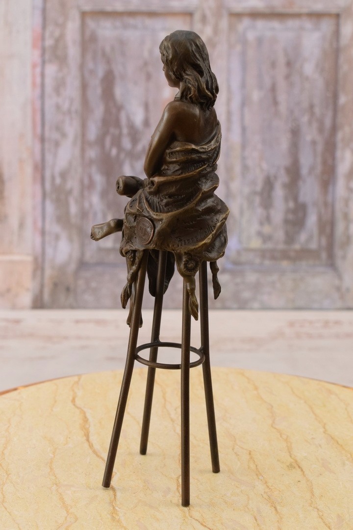 Bronze Sculpture Woman Statue Female BAR ON CHAIR Dress Art Lady Decor Gift Home