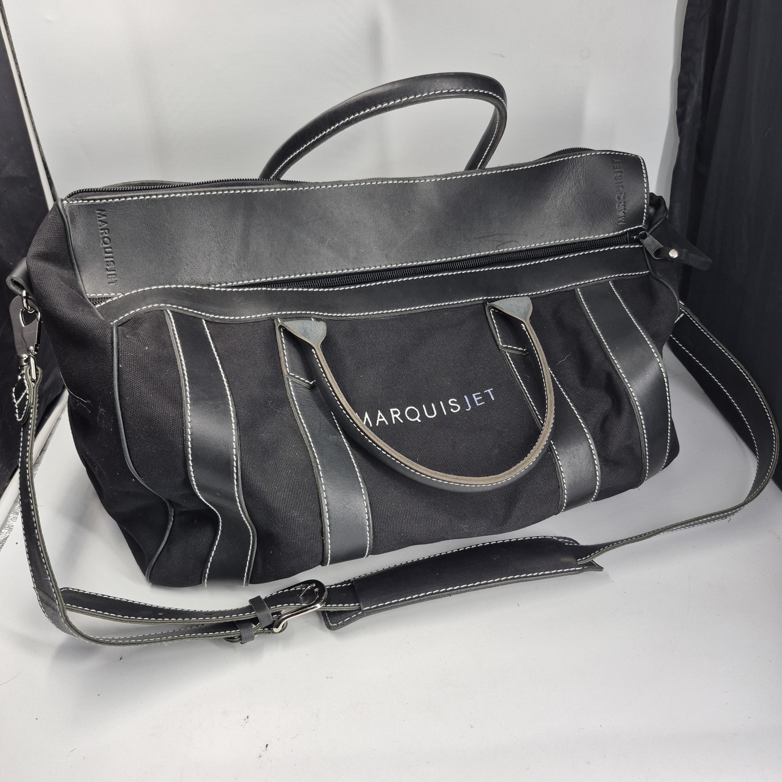 Marquis Jet Netjets Private Jet Duffle Canvas Black Bag w/ Leather Handles