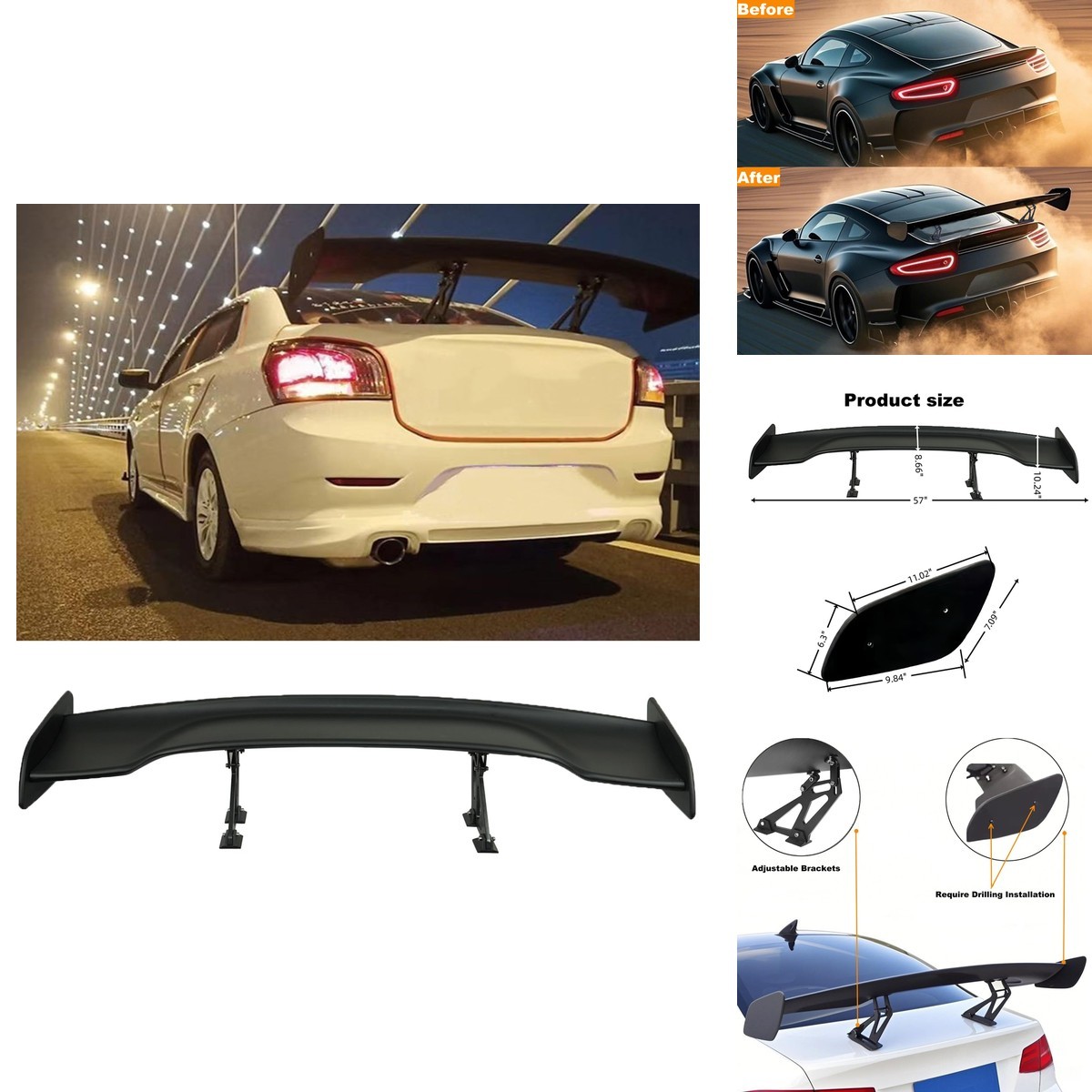 YESBETTER 57 Inch Universal Rear Trunk Spoiler Wing Car Spoiler GT Wing Matt YESBETTER 57 Inch Universal Rear Trunk Spoiler Wing Car Spoiler GT Wing Matt