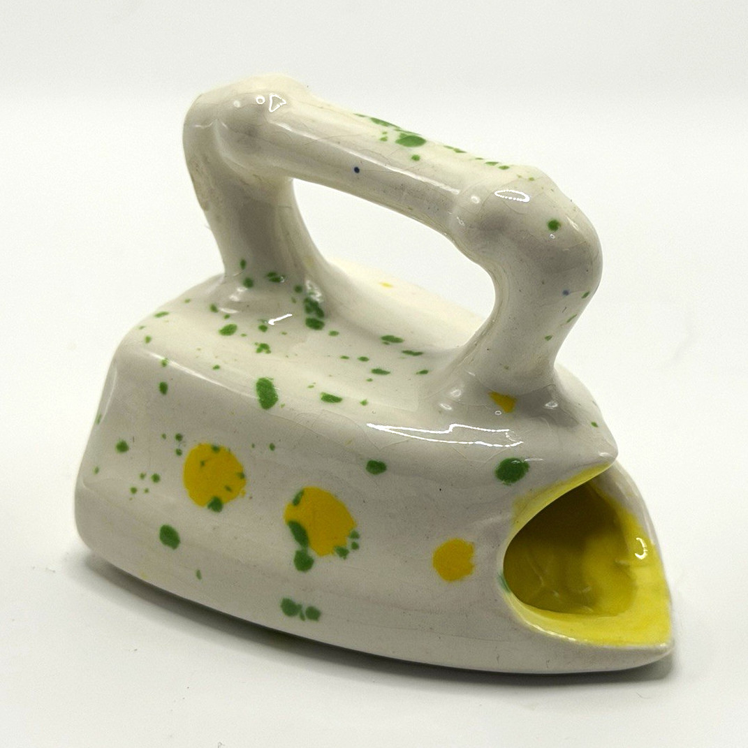 Vintage Miniature Ceramic Iron Figurine Yellow Green Splatter Pottery 2.25