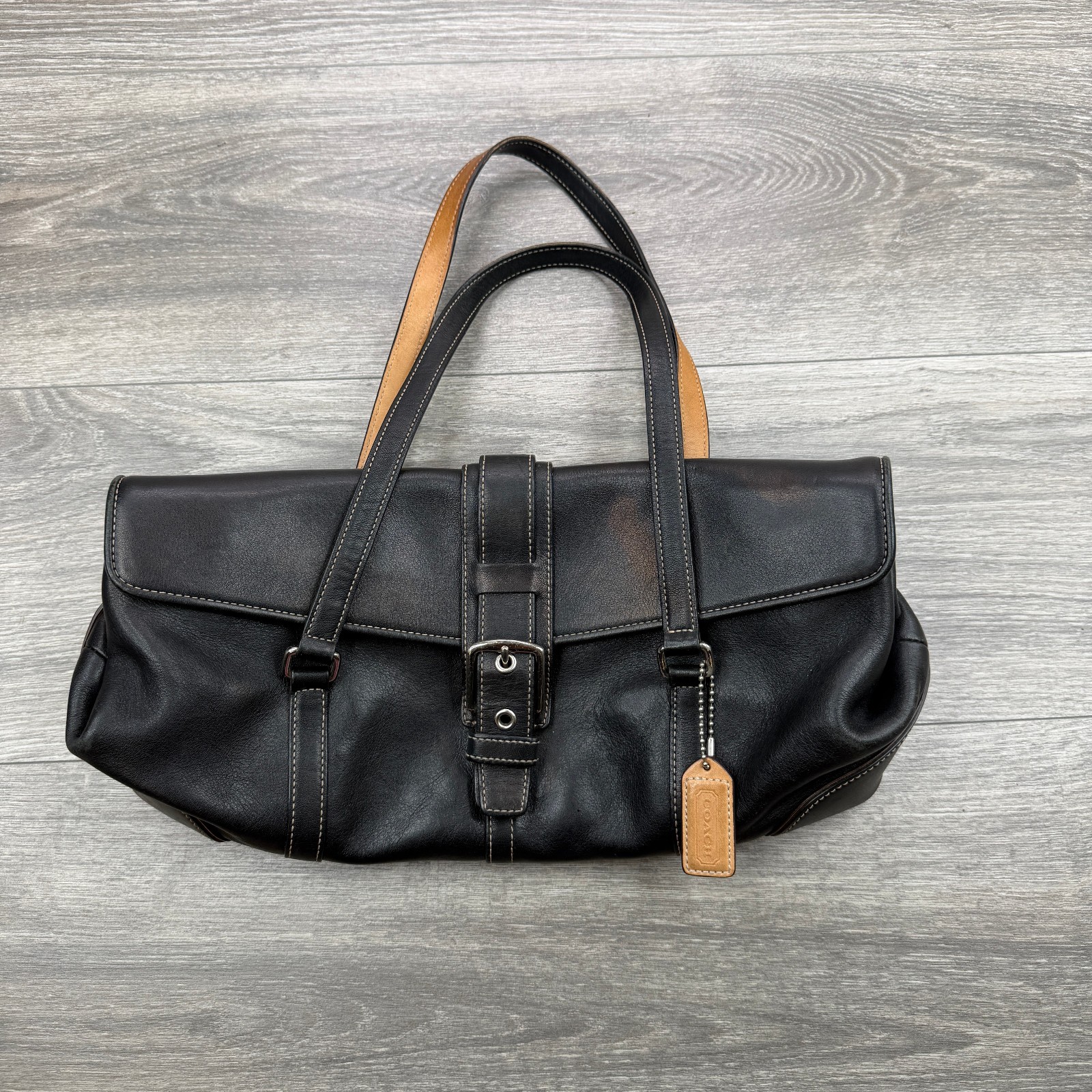 Vintage Coach 9268 Hamptons Flap Satchel Handbag Black Leather Tan Y2K 2004 Vintage Coach 9268 Hamptons Flap Satchel Handbag Black Leather Tan Y2K 2004