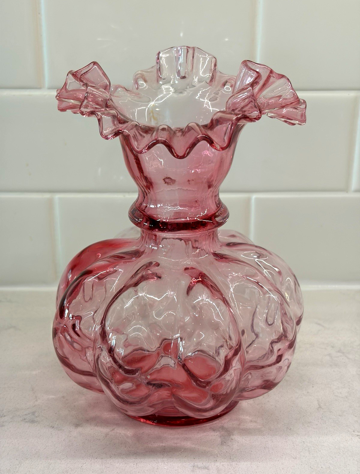 Vintage Fenton Pink Cranberry Glass Ruffled Rim Melon Vase, Beautiful 