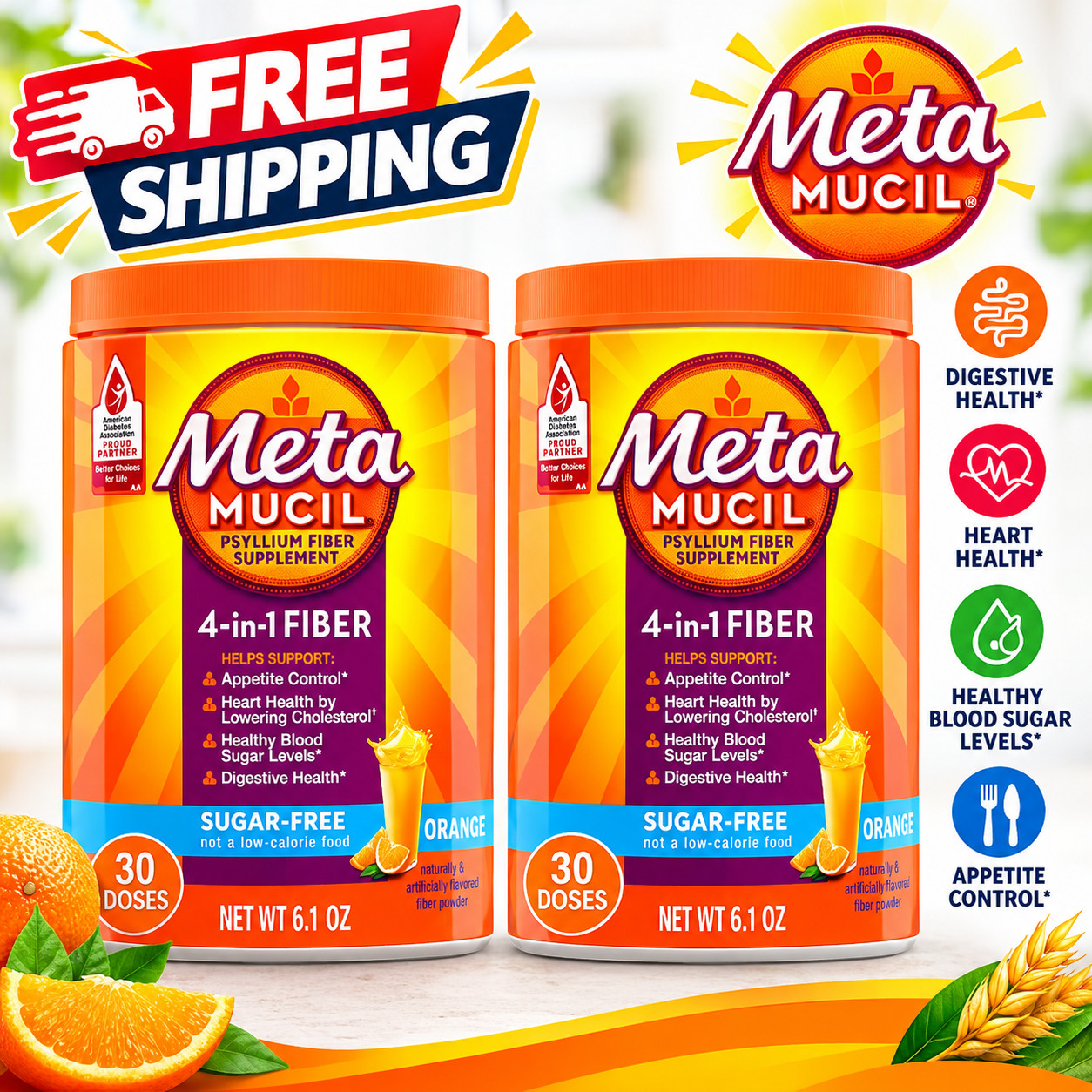 Metamucil 4-in-1 Fiber Sugar-Free Supplement (Orange) 6.1 OZ (2 Pack)