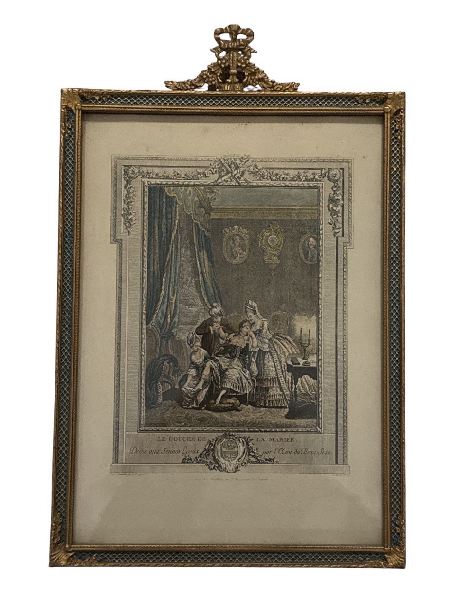 ANTIQUE WATERCOLORED ENGRAVING LE COUCHE DE LA MARIÉE 