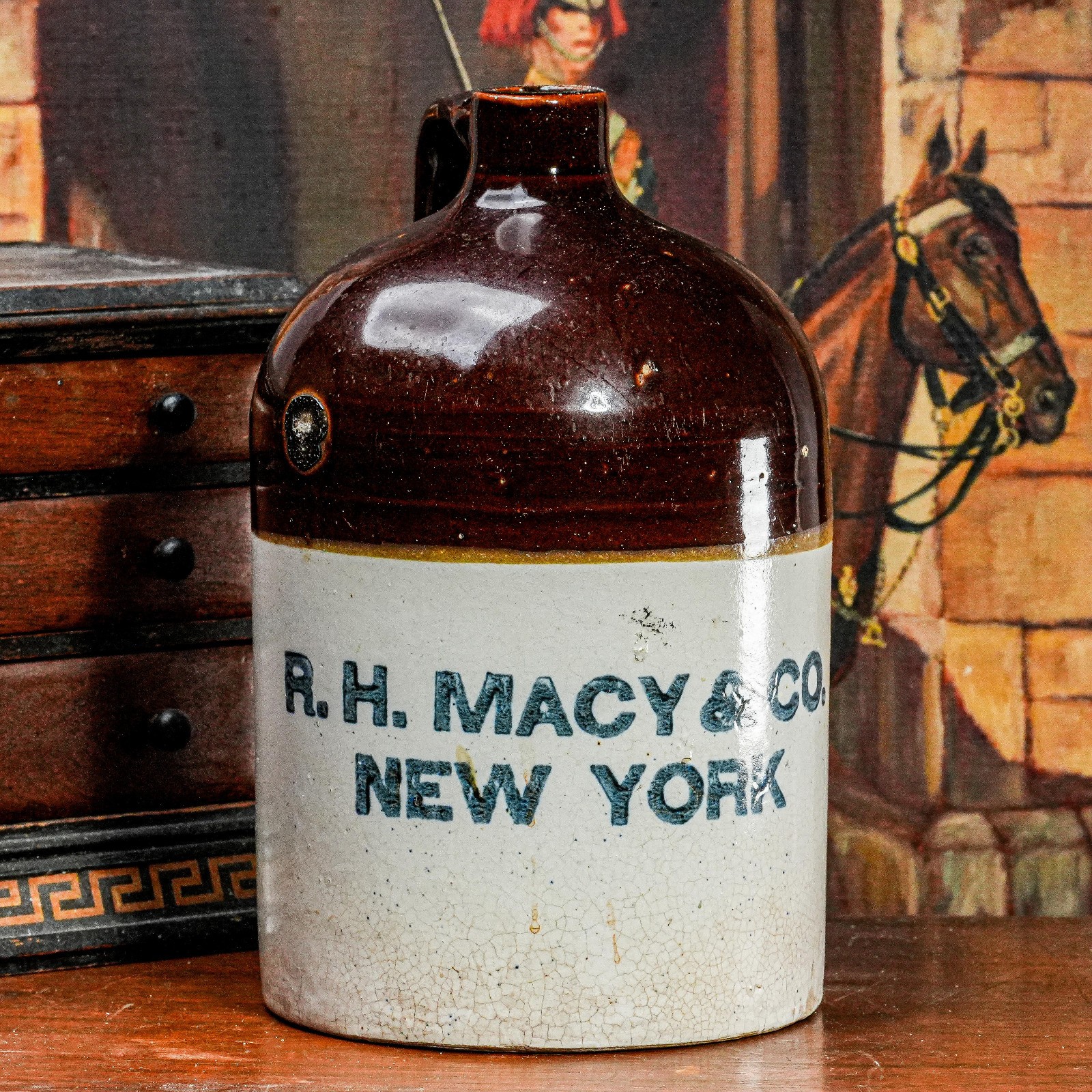 Antique 19th Century Whiskey Stoneware Jug R.H. Macy & Co. New York Label