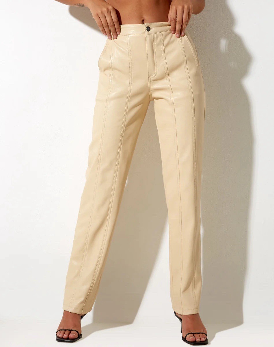 MOTEL ROCKS Centa Trouser Straight Leg Faux Leather PU Vegan Sz XS Beige
