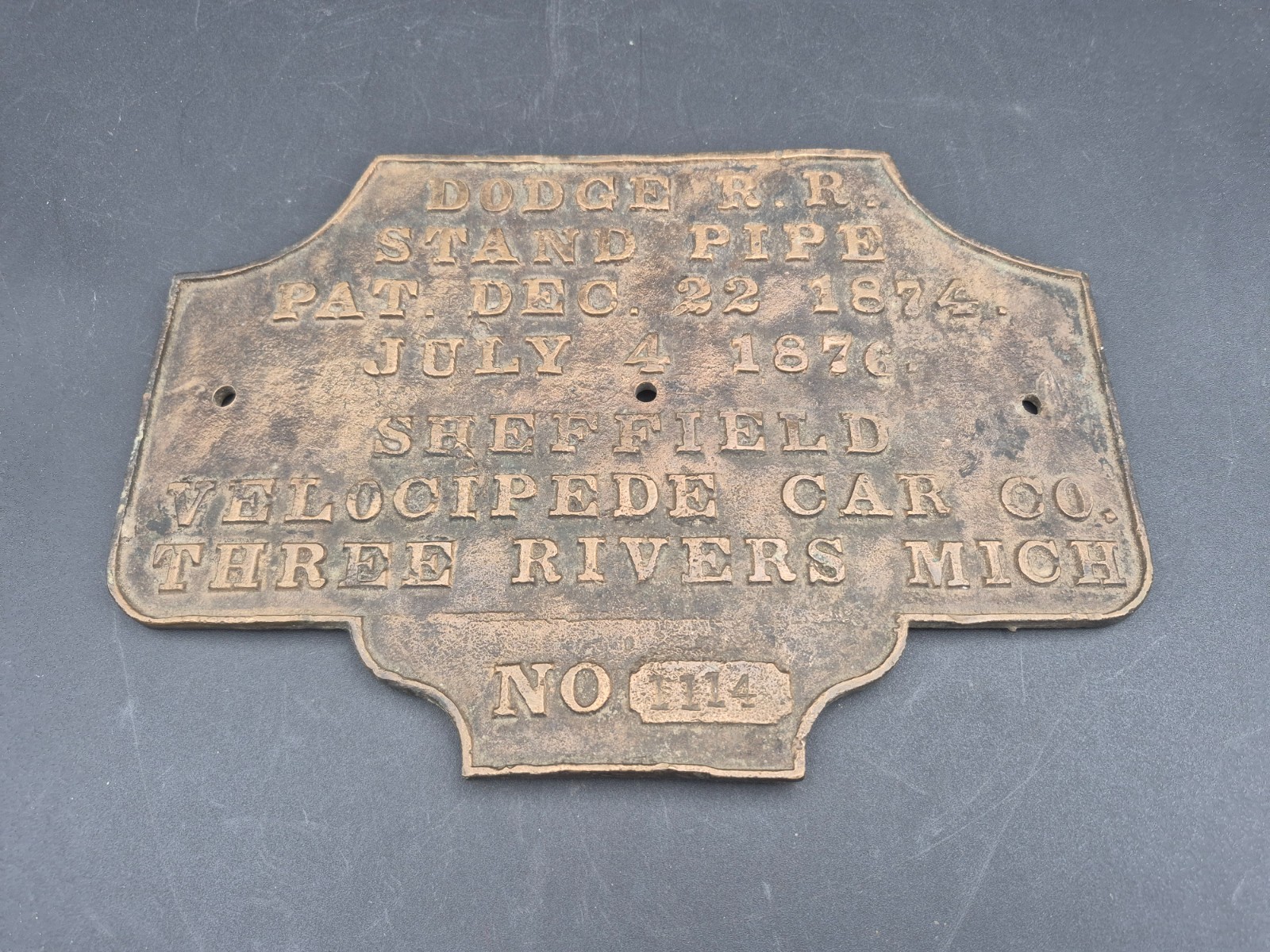 rare antique dodge railroad sheffield velocipede car co. bronze plaque sign