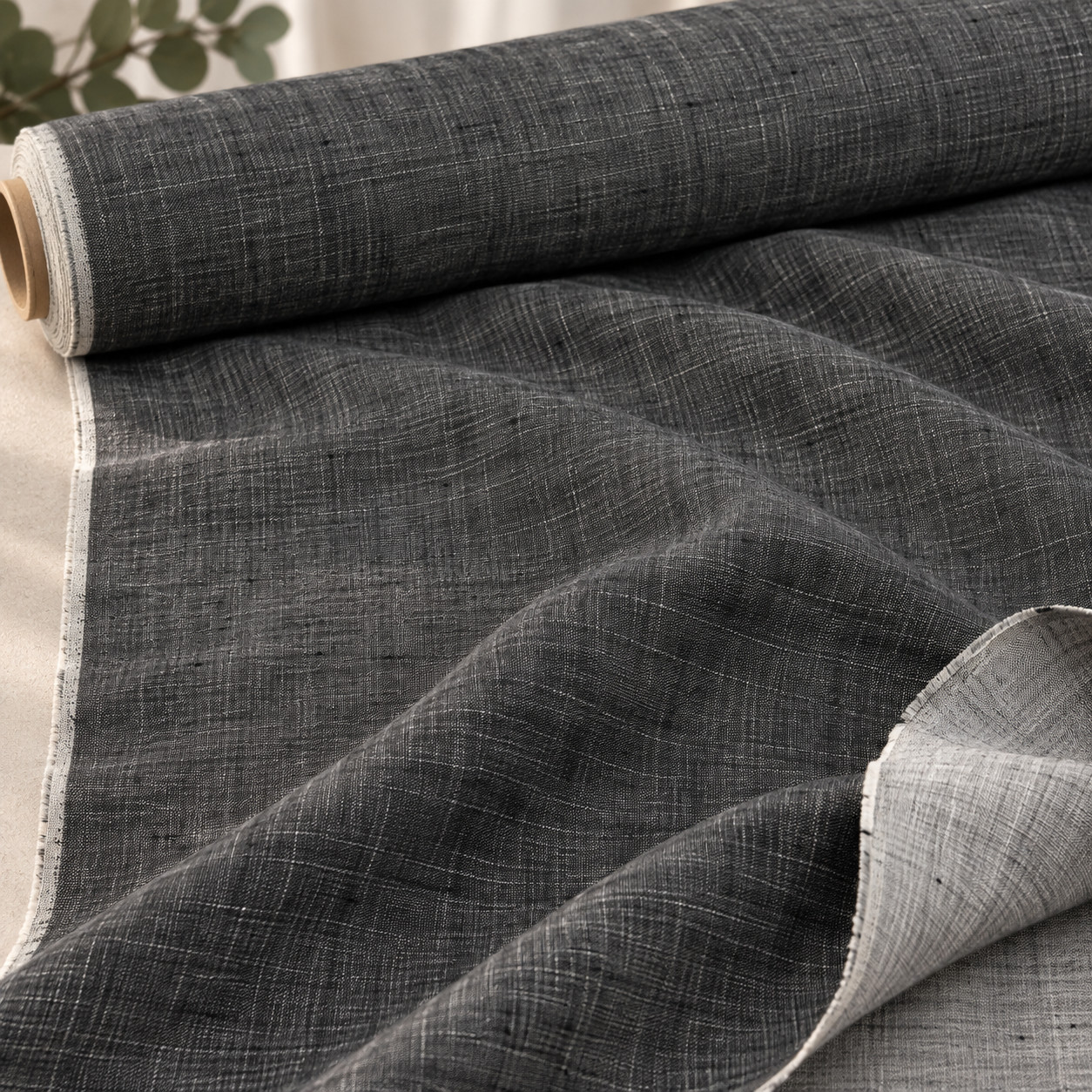 100% Flax Linen Fabric Black White Yarn Dyed Reversible Medium Weight 57\