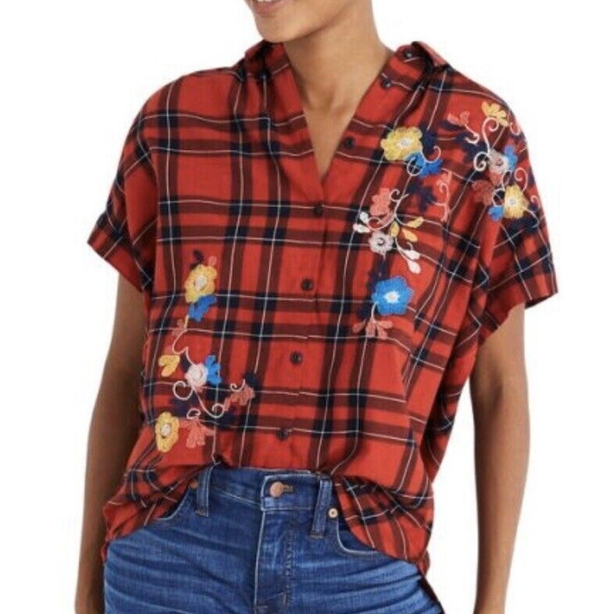 Madewell Womens Plaid Floral Embroidered Button Shirt Size XS Boxy Oversized Madewell Womens Plaid Floral Embroidered Button Shirt Size XS Boxy Oversized