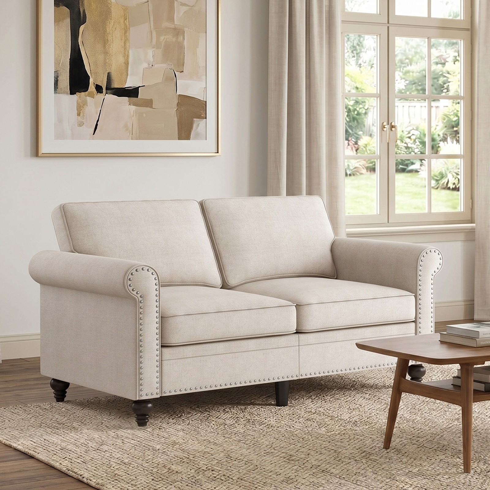 Linen Loveseat Sofa 2 Seater Couch Nailhead Trim Solid Wood Frame Linen Loveseat Sofa 2 Seater Couch Nailhead Trim Solid Wood Frame