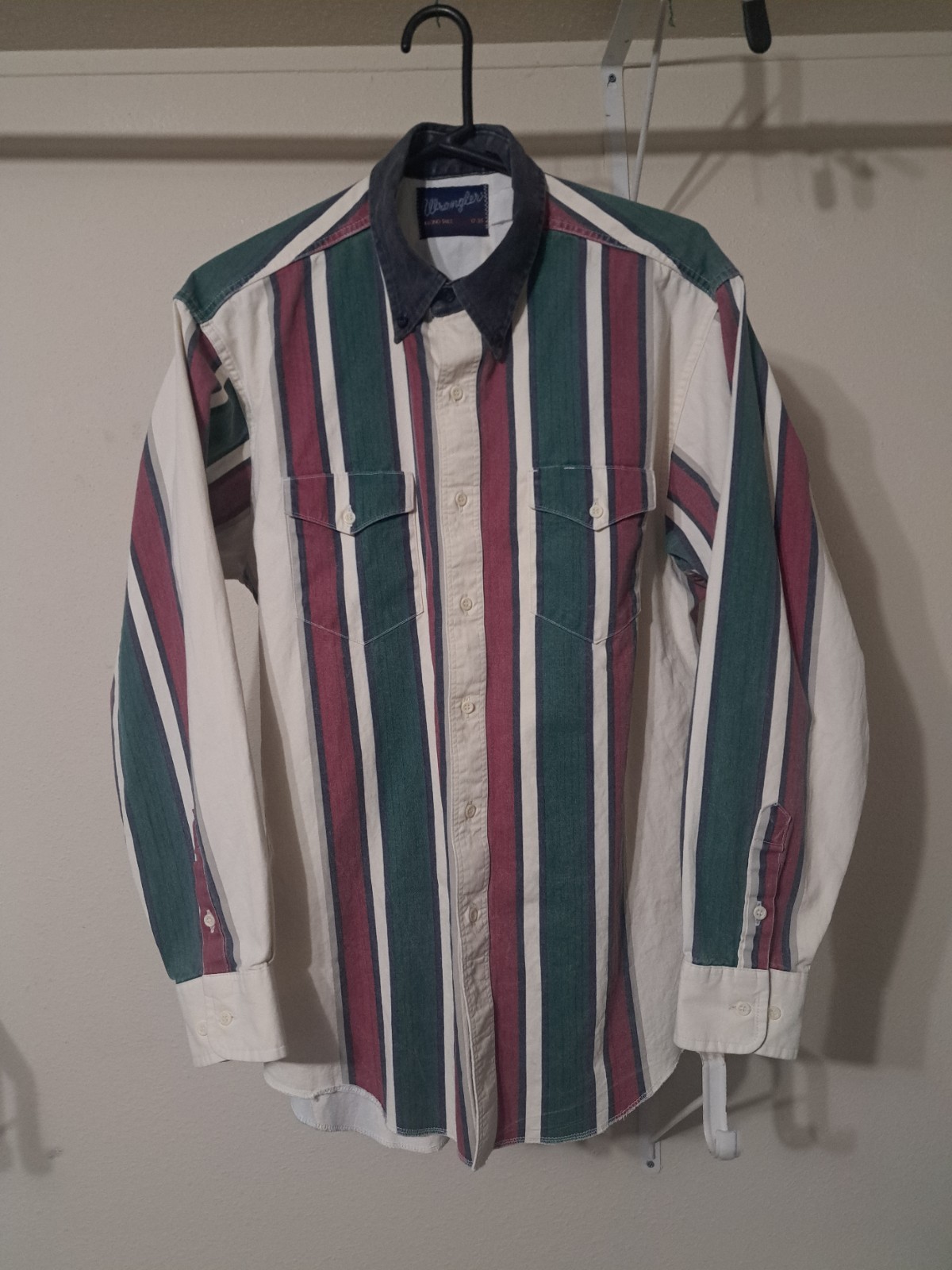 Vintage Wrangler Shirt Mens 17-35 Brushpopper Striped X-Long Tails Green Red Vintage Wrangler Shirt Mens 17-35 Brushpopper Striped X-Long Tails Green Red