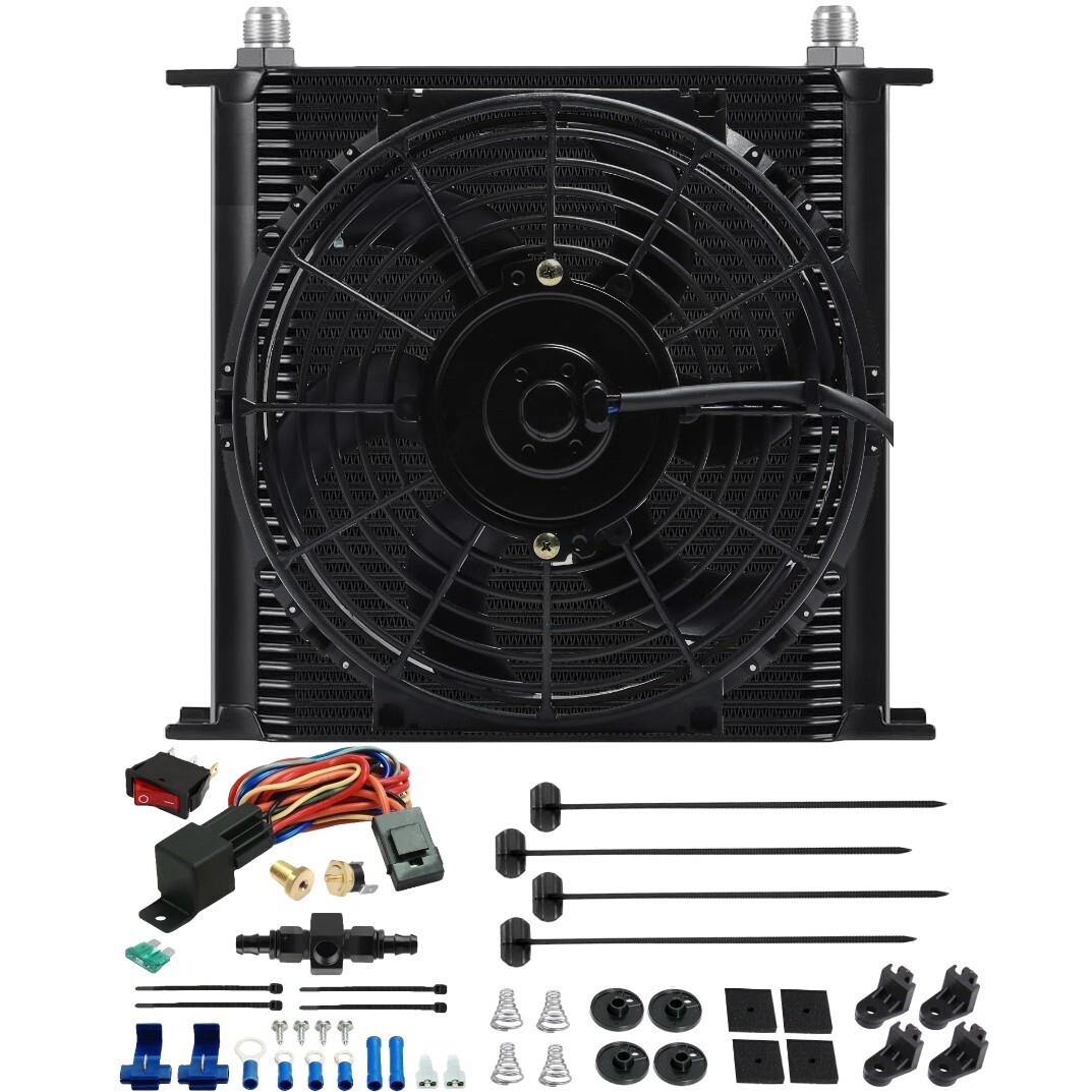 40 ROW ENGINE TRANS-MISSION OIL COOLER ELECTRIC FAN HOSE ADAPTER TEMP SWITCH KIT