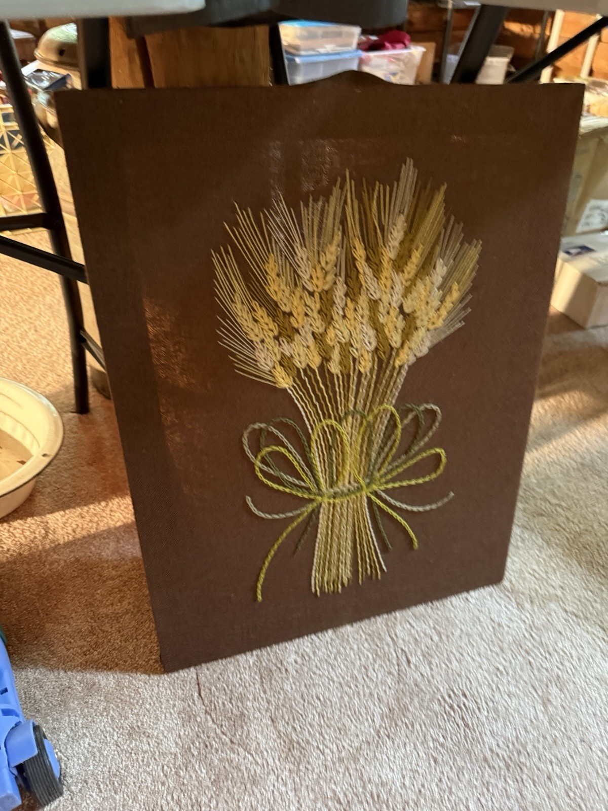 vintage 1970s mid-century crewel embroidery wall hanging featuring wheat vintage 1970s mid-century crewel embroidery wall hanging featuring wheat