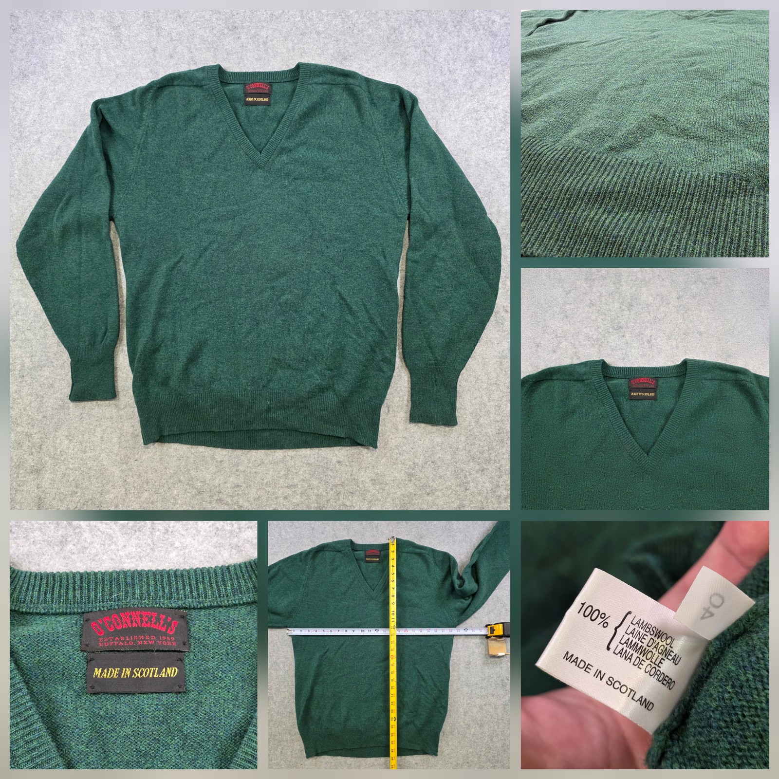 O\'Connell\'s Sweater Mens Medium Green Lambswool V Neck Knit Scotland Pullover