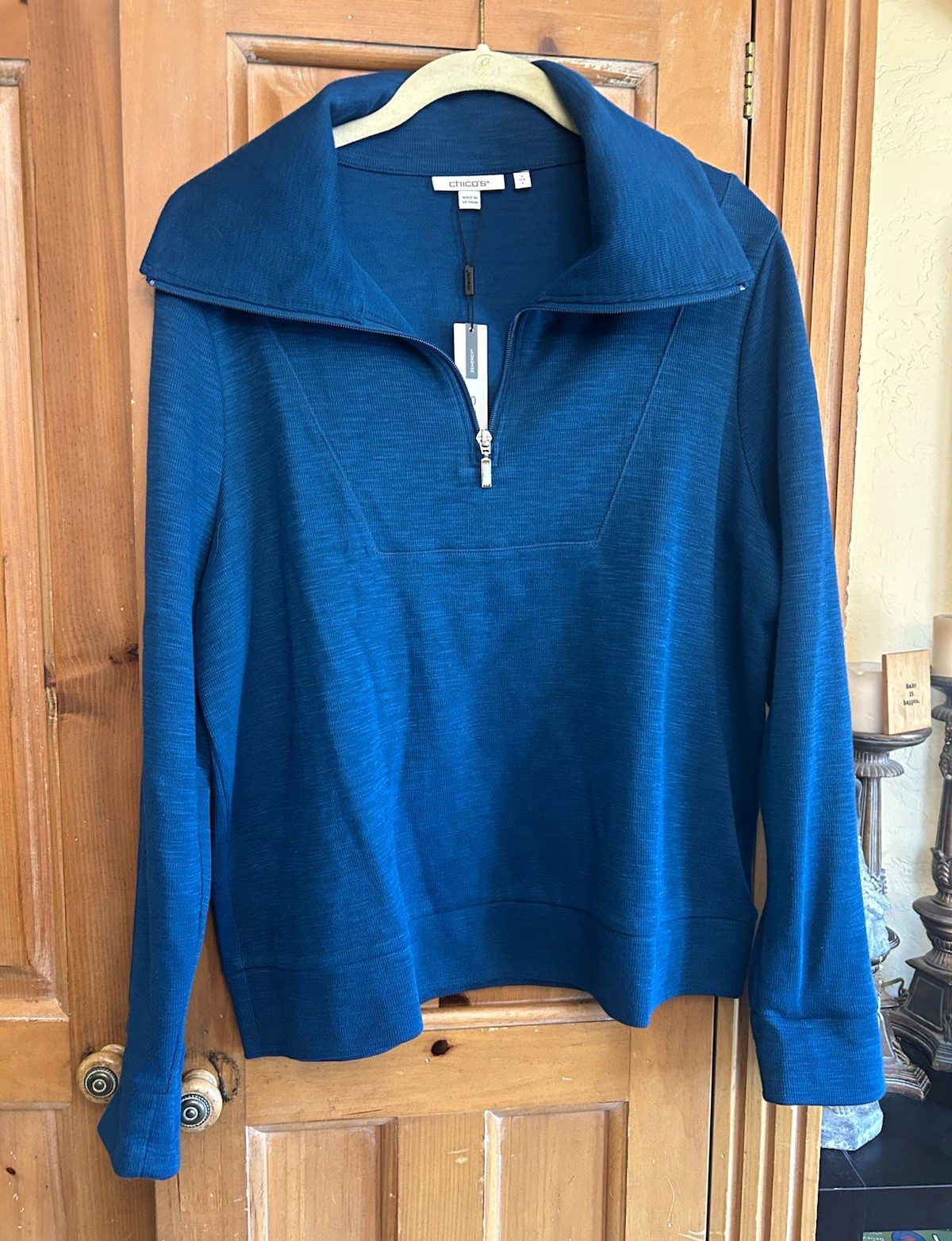Chico\'s Zenergy Women\'s Blue Knit Sweatshirt 1/4 Zip Mock Neck Size 2