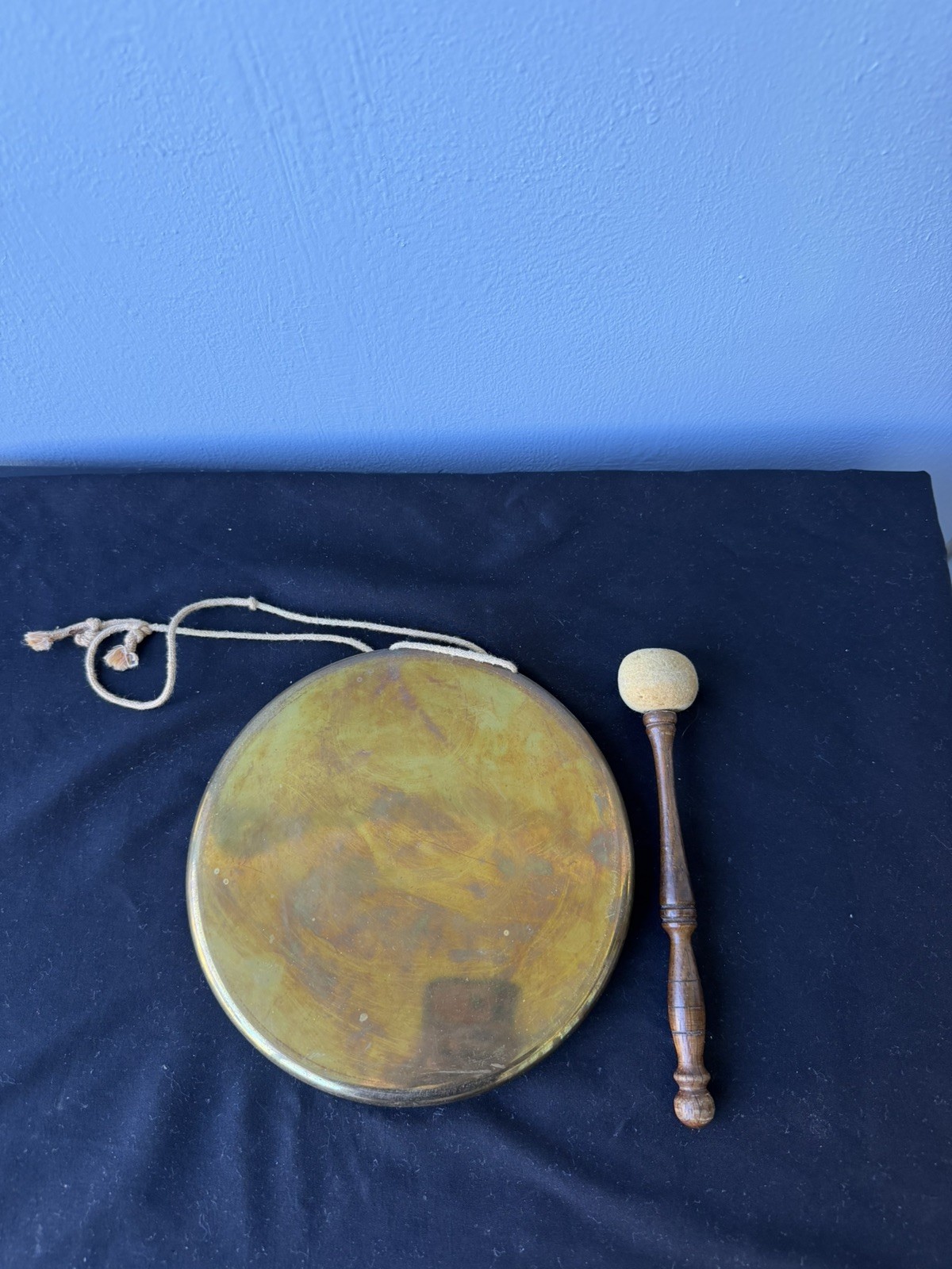 VTG Hand-Hammered Brass Gong & Antique Fabric-Wrapped Mallet Asian Sound Healing VTG Hand-Hammered Brass Gong & Antique Fabric-Wrapped Mallet Asian Sound Healing