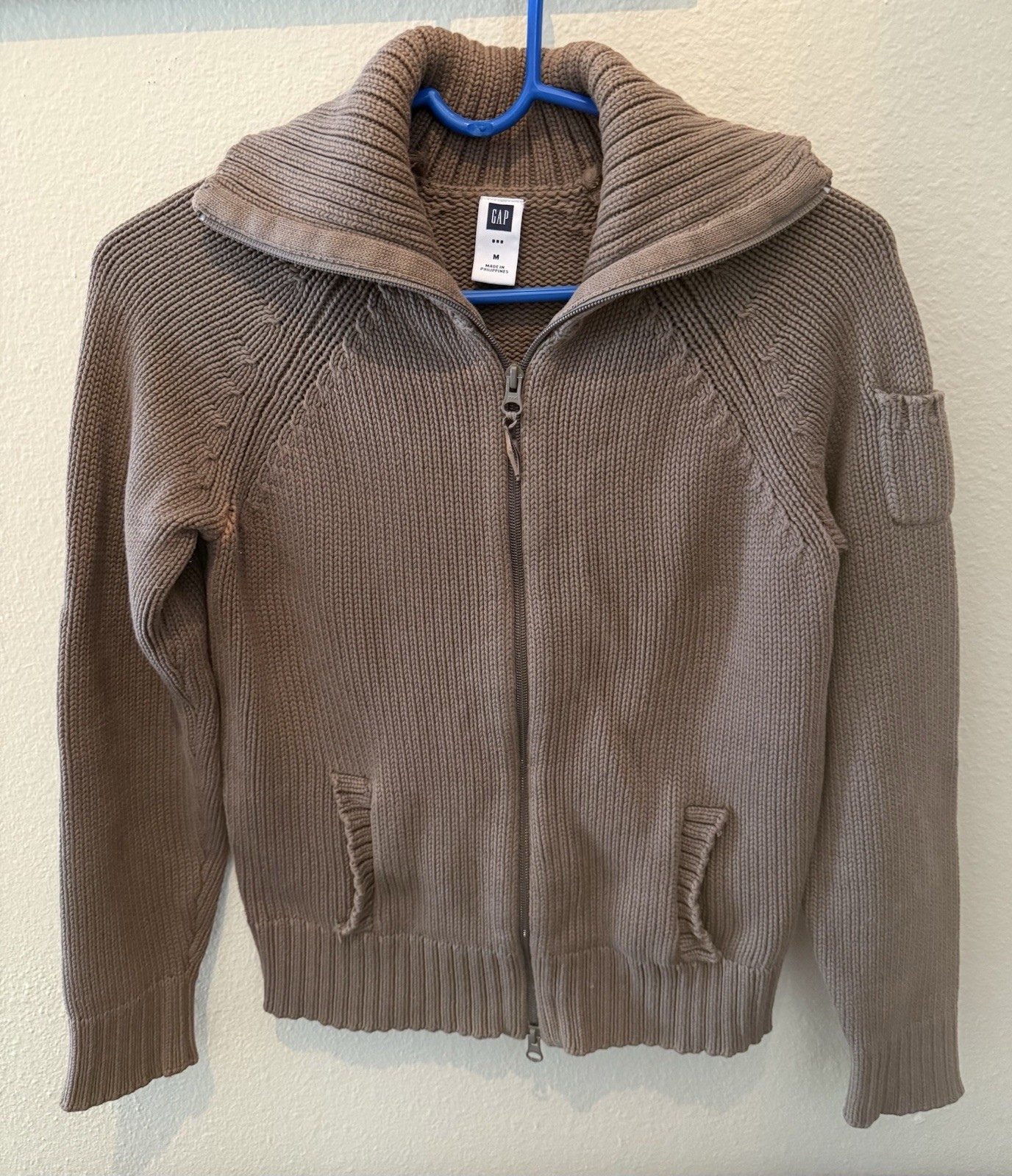 GAP Women’s Medium Brown Chunky Knit Full Zip Funnel Neck Y2K Sweater