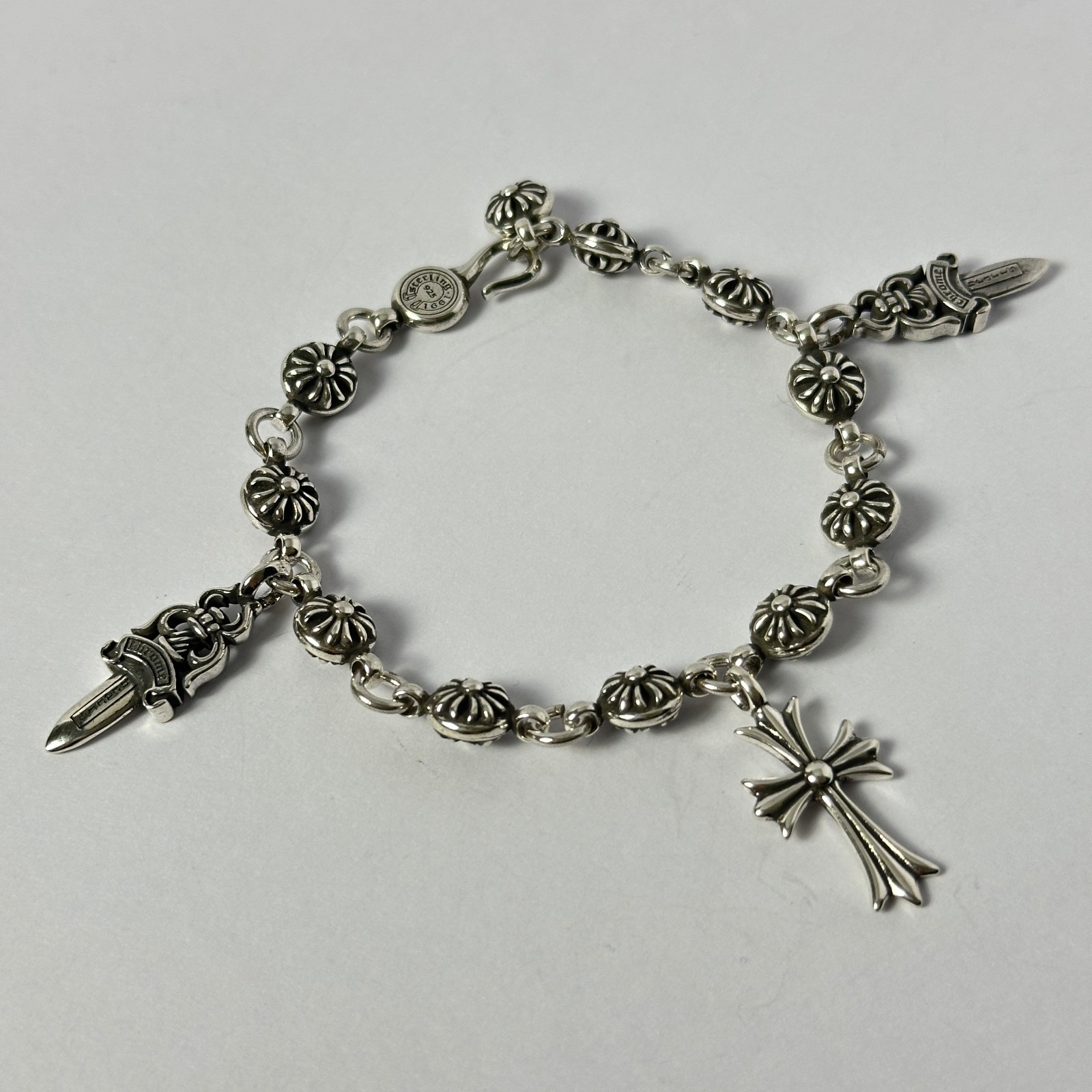 Chrome Hearts 925 Silver Cross Ball Adjustable Bracelet with Cross and Daggers