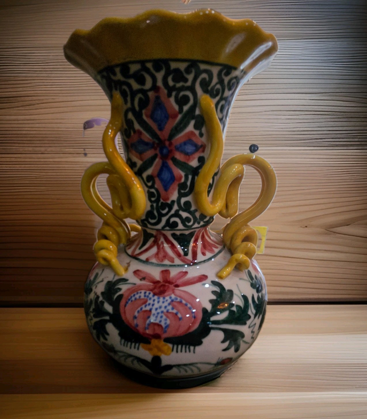 VTG Spanish Majolica Style Vase, Hand Painted W/ Scrolled Handles 1970s