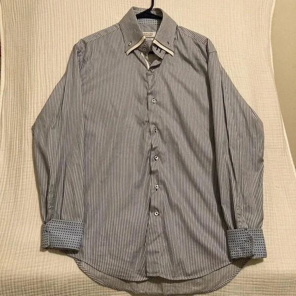 Zara Man Shirt Mens XL Blue White Striped Cotton Slim Fit Double Collar Classic