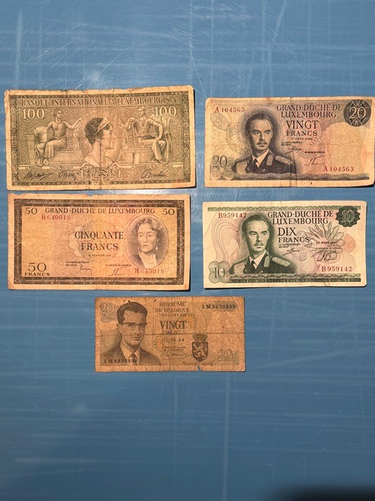 Vintage 1950s-60s LUXEMBOURG Banknotes 100 50 20 10 Franc & 20 Belgian Franc