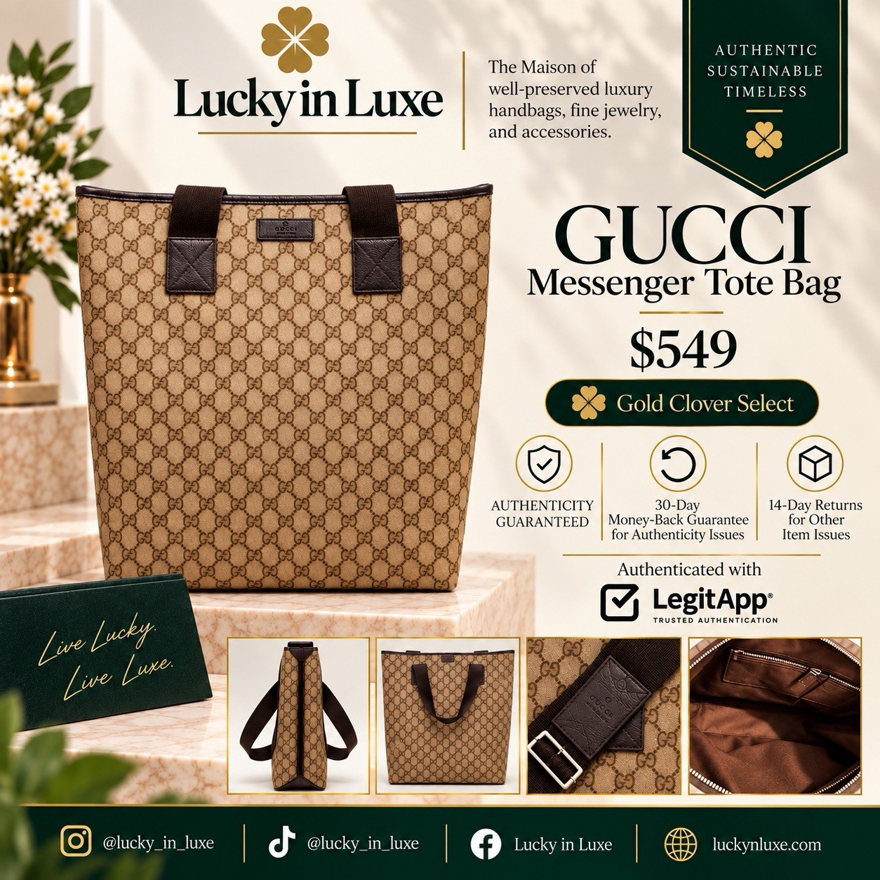 Gucci GG Monogram Tote Bag Beige/Brown Zip Closure Large Adjustable Strap