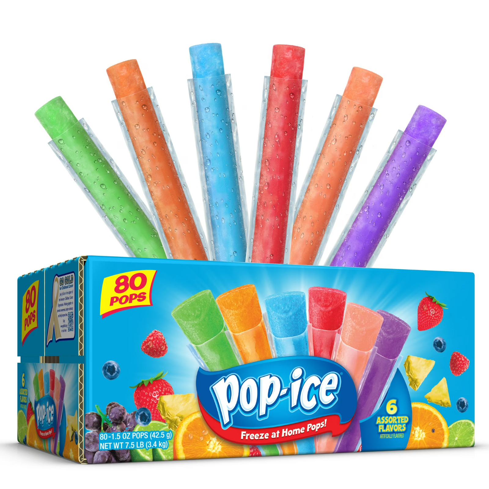 Pop-Ice Assorted Fruit Freezer Ice Pops, Gluten-Free Frozen Snack, 1.5 oz, 80 Ct