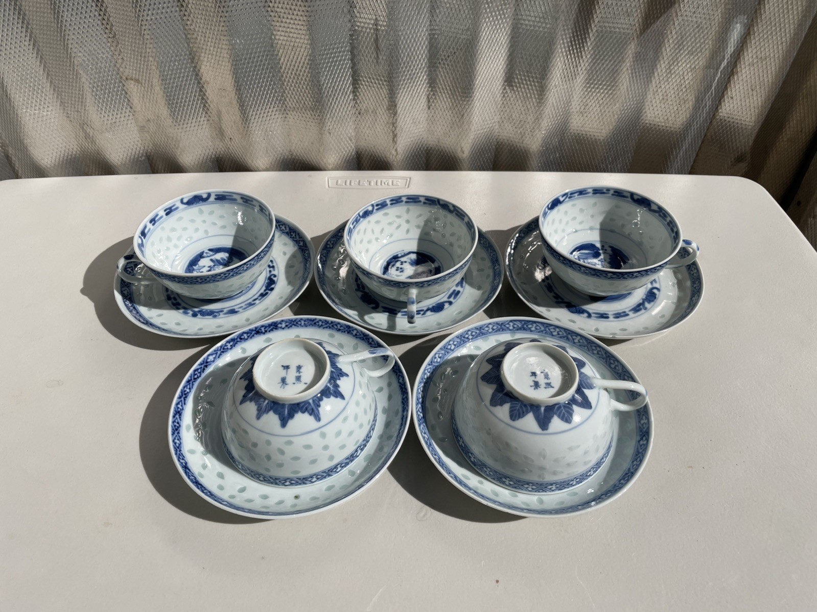 5 Sets Antique Tea Cups Saucers Chinese Kangxi Qing Rice Grain Porcelain Blu Wht