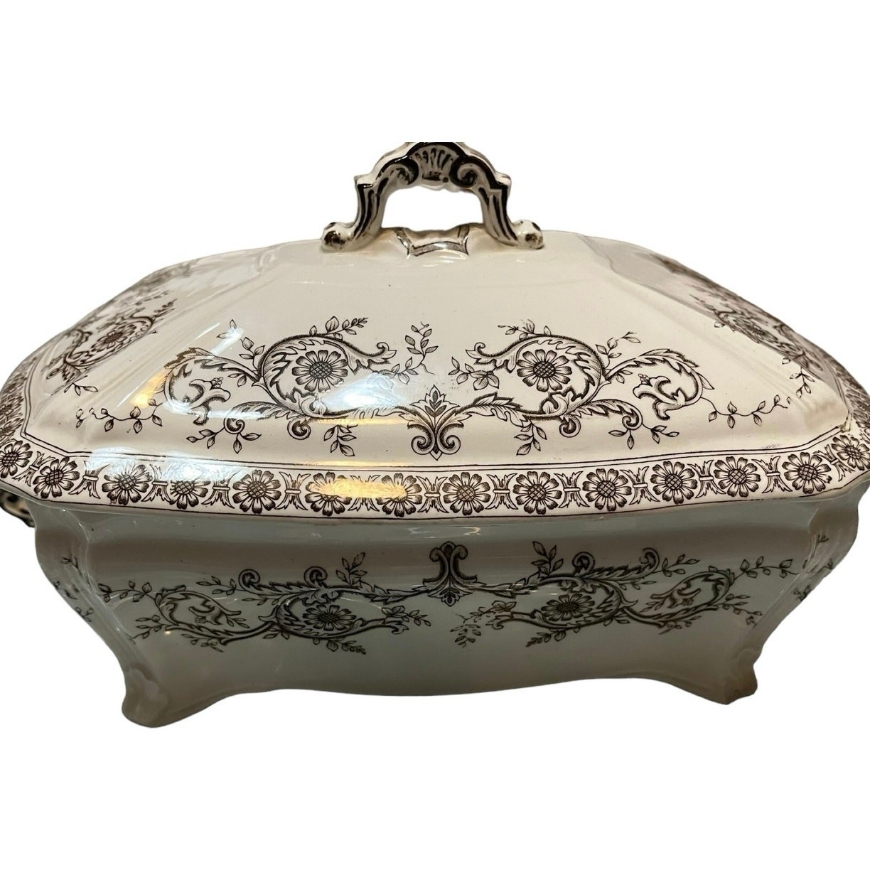 Antique Ridgways Royal Semi Porcelain Brown and White Serving Dish 9.5x6.5x3\