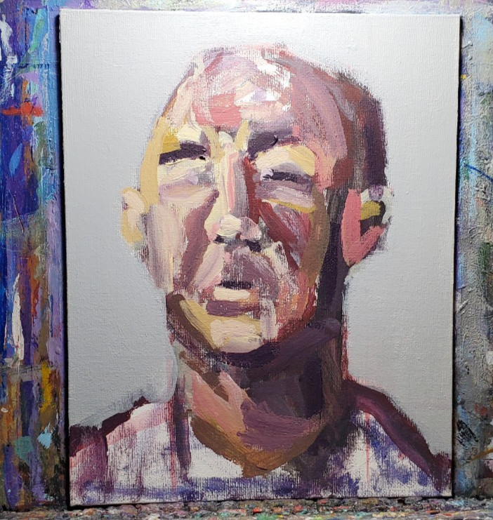 Original Outsider Abstract Expressionist Male Portrait Painting on Canvas Board