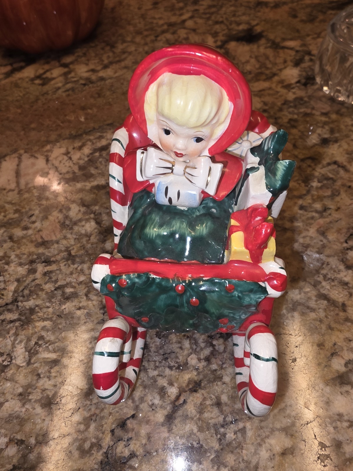 Vtg 1956 Lefton Christmas Girl In Candy Cane Sleigh SIGNED Lefton  Japan