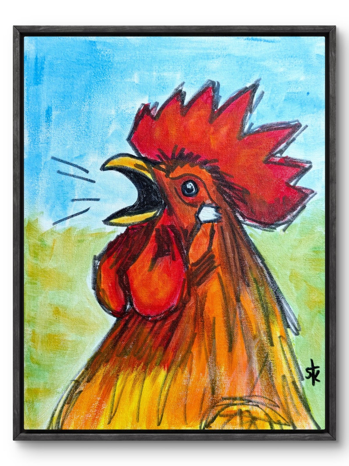 STK Original 14x11 Expressionist Crowing Rooster Portrait Painting Signed Canvas