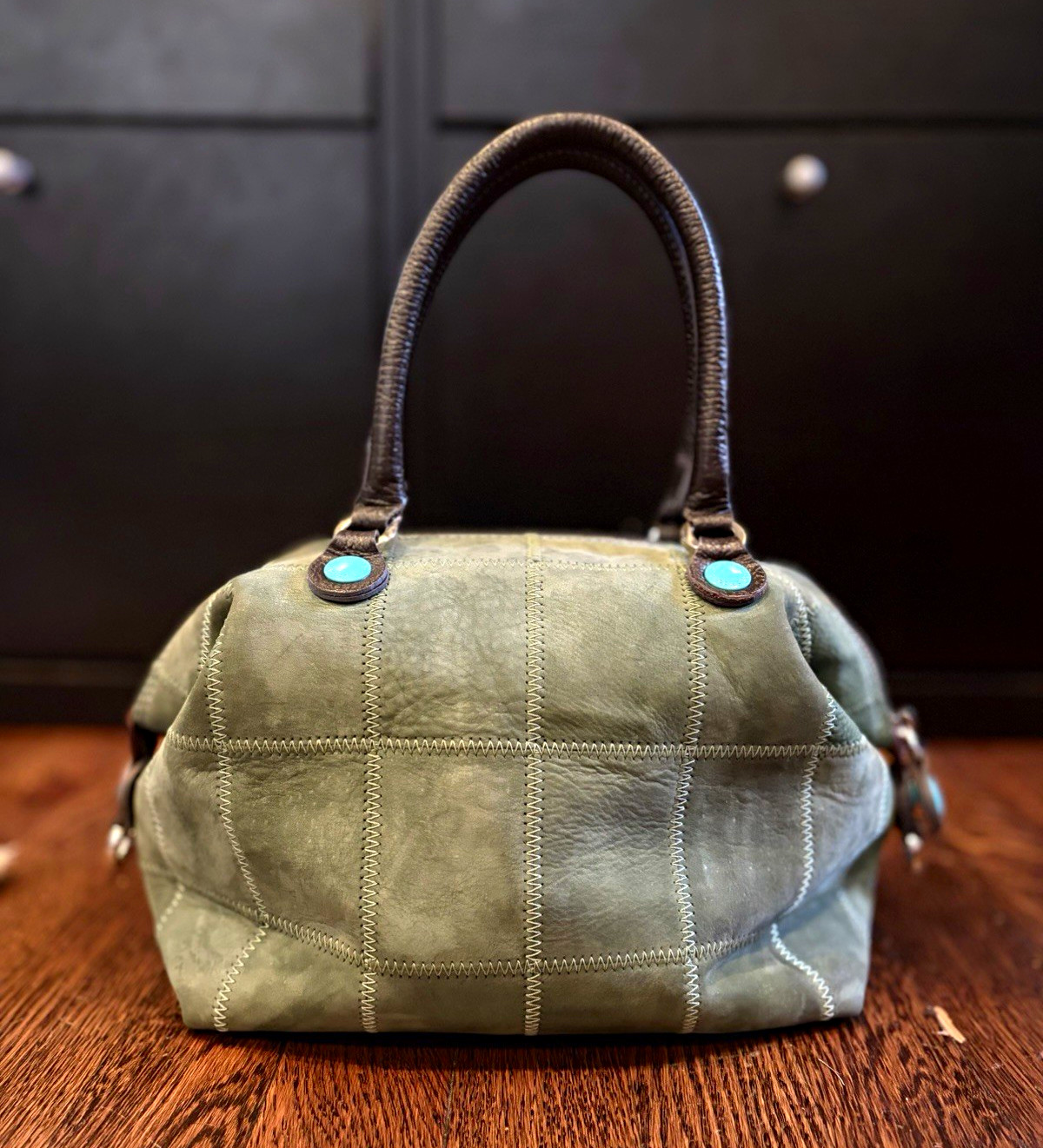 Gabs Green Leather Patchwork Convertible Tote Zip Top w/  Brown Handles