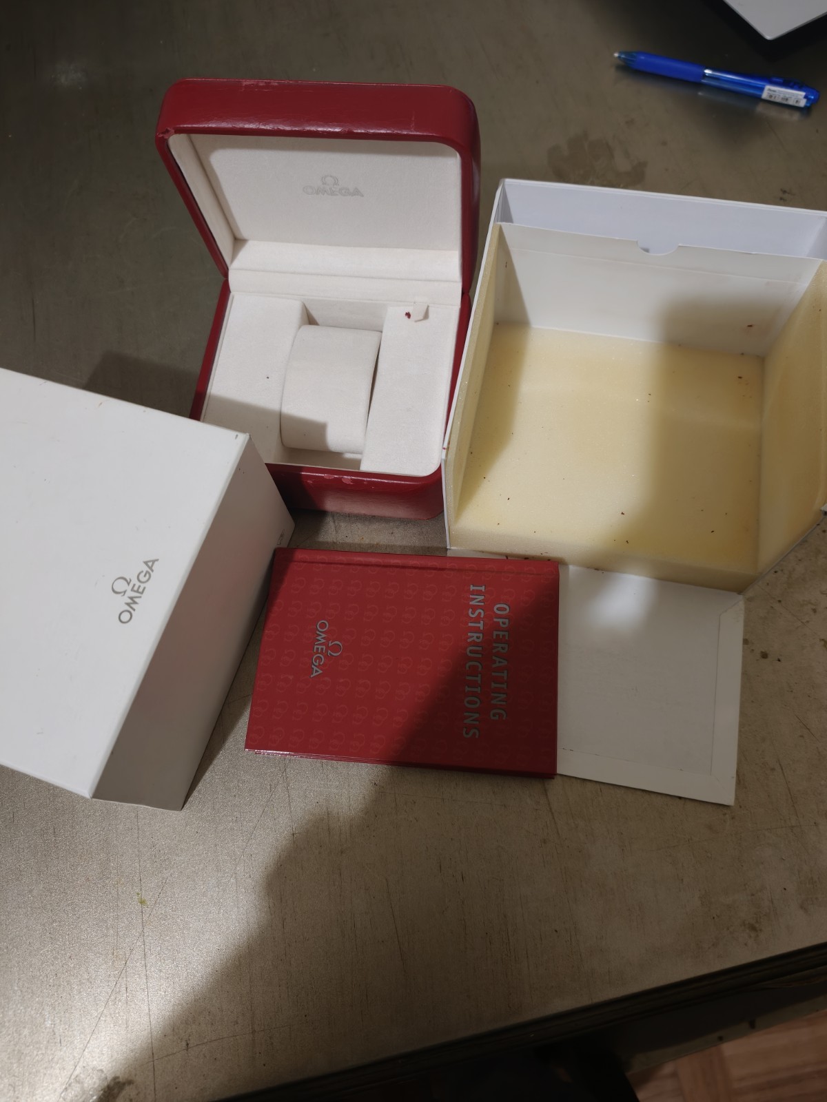 Genuine OMEGA Watch Box Red Leatherette Presentation Outer White Box & Manual