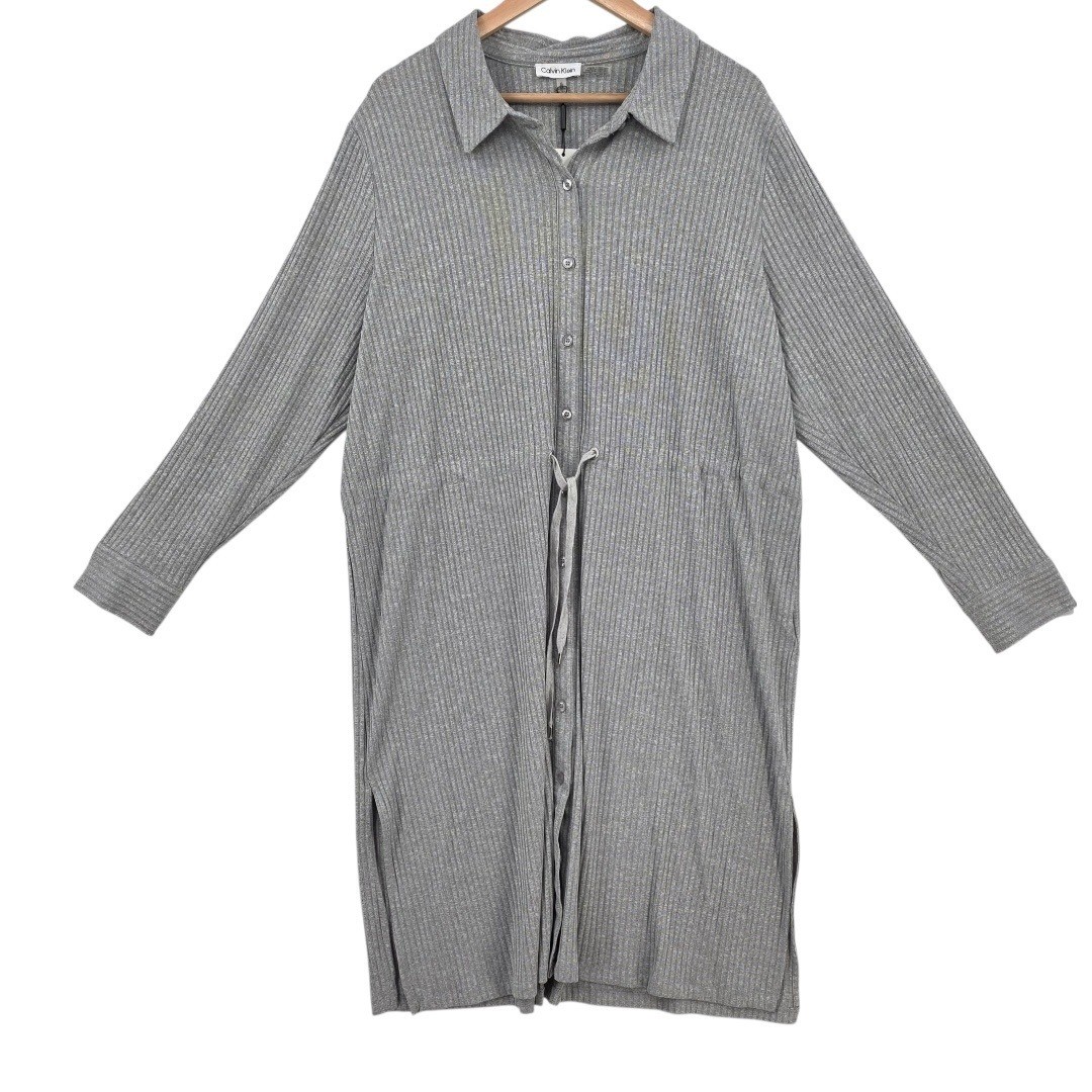 Calvin Klein Womens XL Gray Ribbed Cinched Waist Long Sleeve Dress NWT