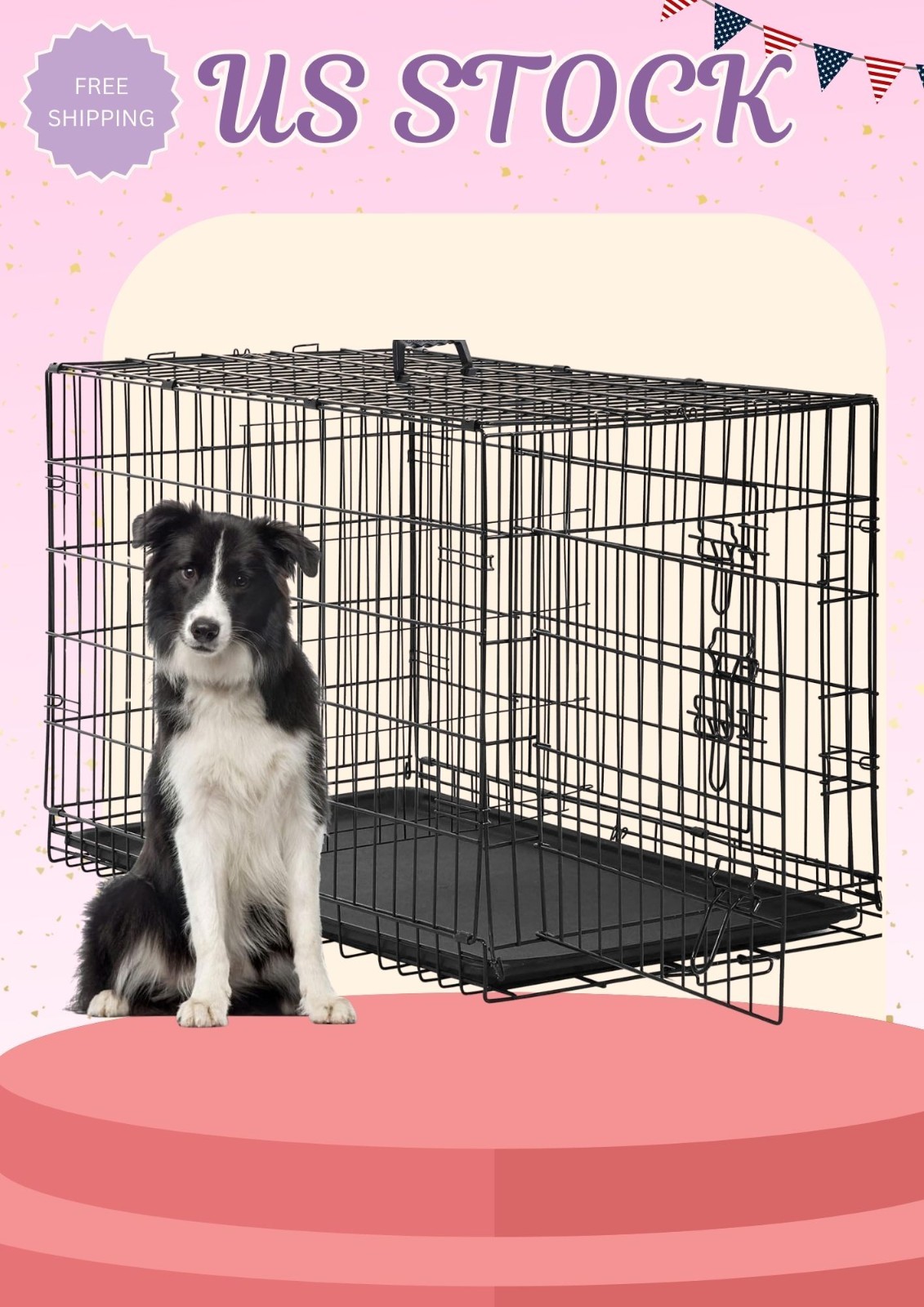 48 Inch Folding Metal Dog Crate for Large Dogs - Double Door Wire Cage
