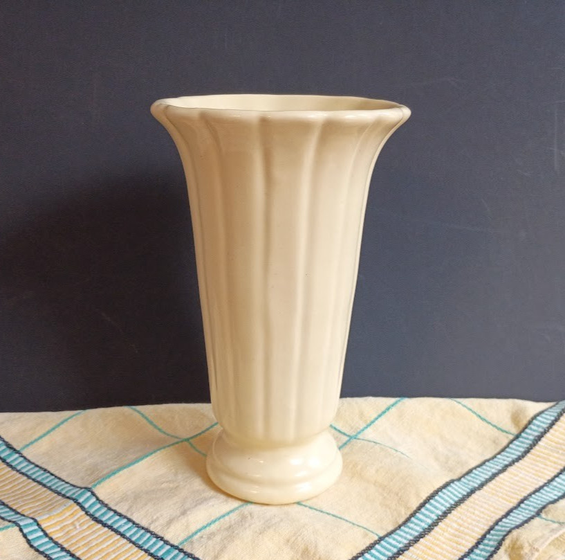 Vintage Ceramic Fluted Vase with Vertical Lines, Pale Yellow, Glazed - 6.75\