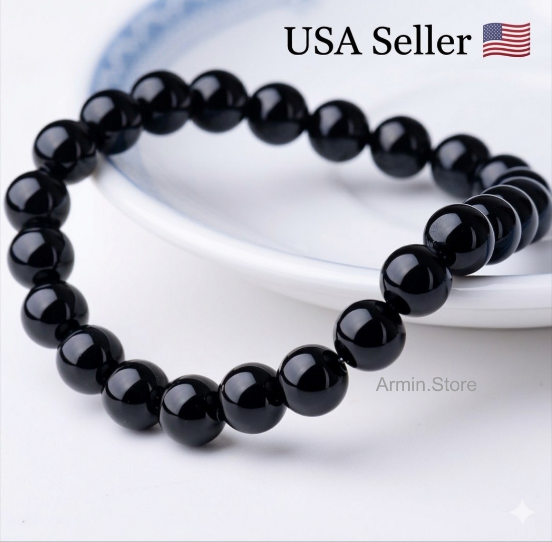 8mm Beaded Bracelet Natural Stone Beads Men\'s Gorgeous Semi-Precious Black Onyx