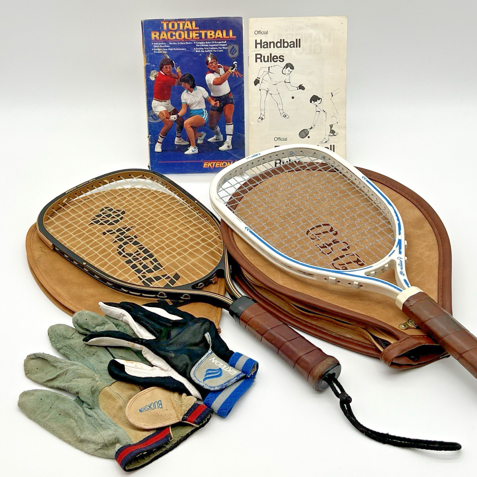 Vintage Ektelon Racquetball Lot Composite 250G Blue Lite FS Leather Case Books