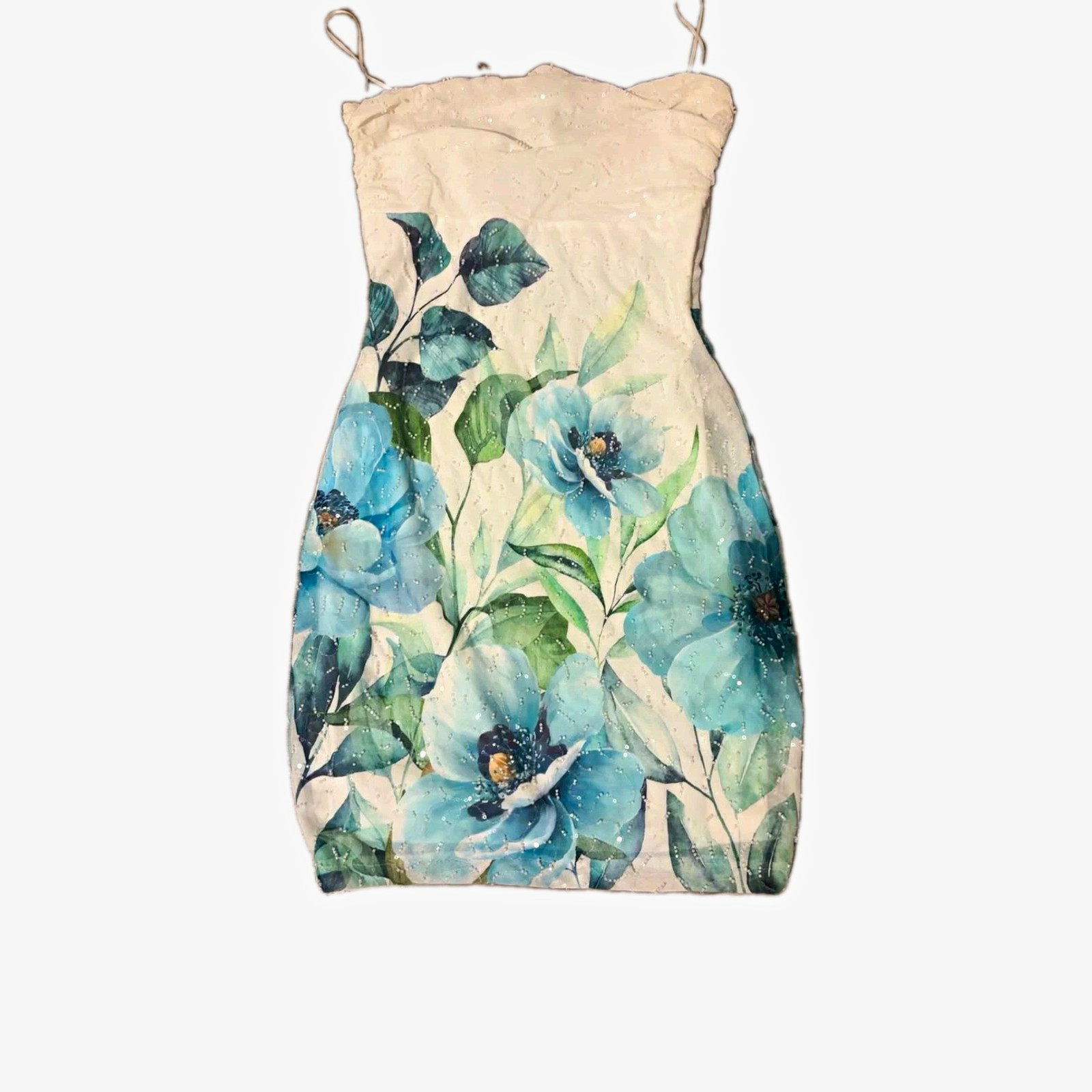 Windsor Blue/White/Green Floral Bodycon Mini Dress XS Sleeveless Square Neck Windsor Blue/White/Green Floral Bodycon Mini Dress XS Sleeveless Square Neck