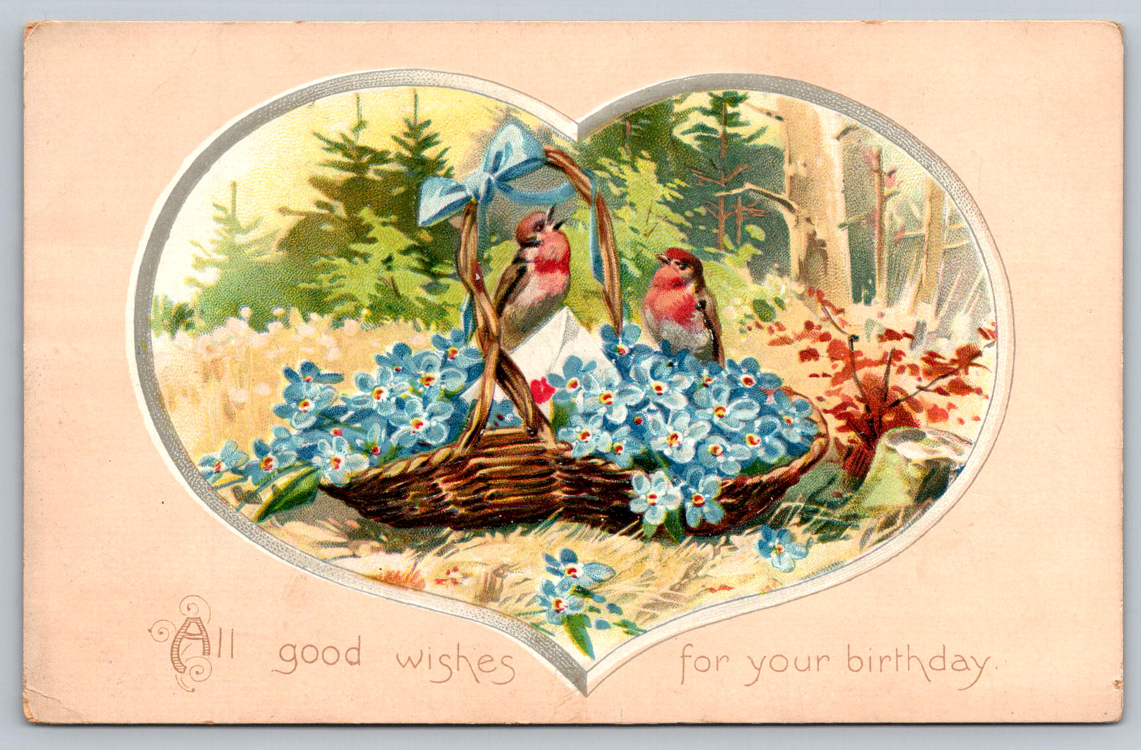 c1910s Tuck's Birthday Heart Nest Birds Blue Flowers Antique Postcard